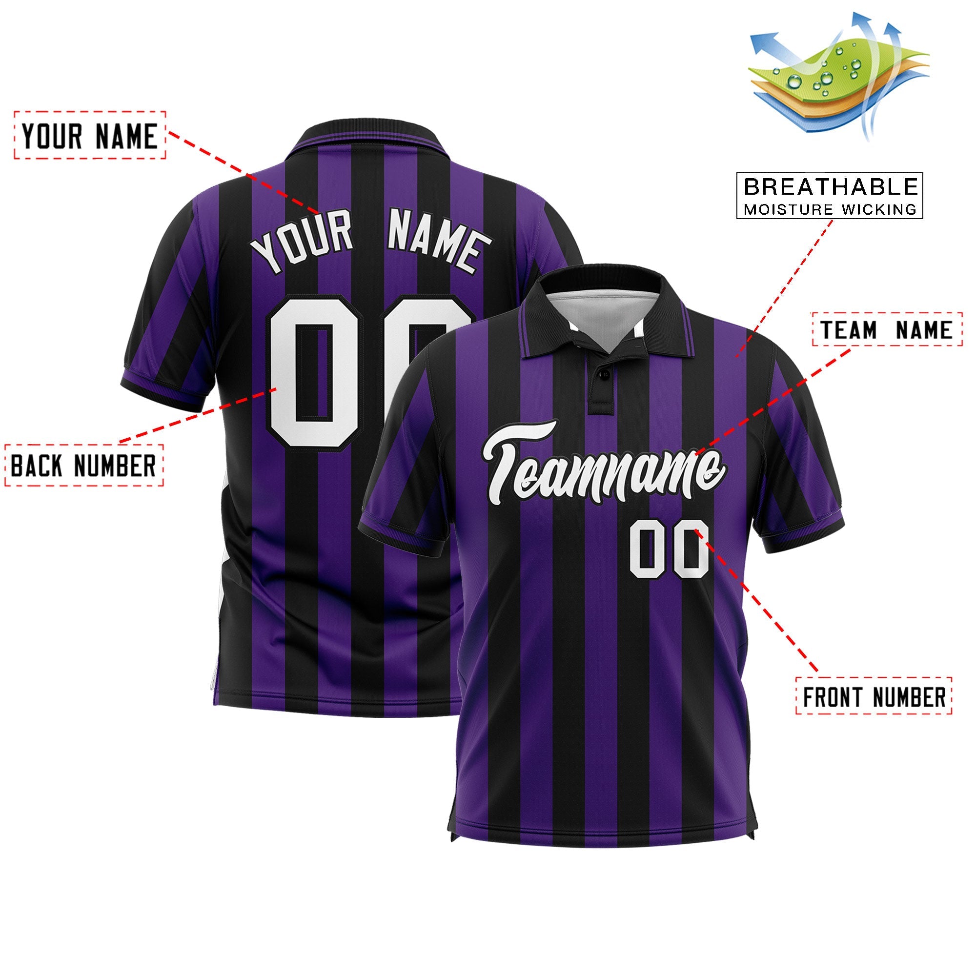 Custom Black Purple Vertical Stripes Design Performance Polo Shirt