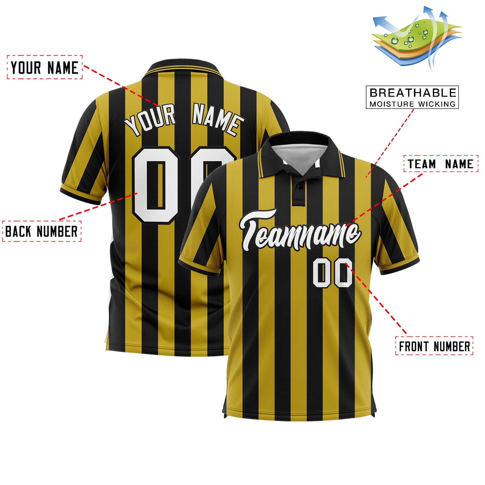 Custom Black Old Gold Vertical Stripes Design Performance Polo Shirt