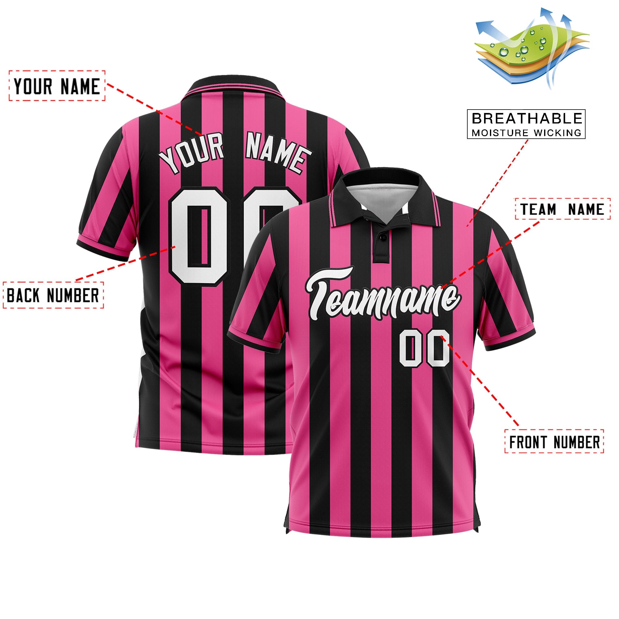 Custom Black Pink Vertical Stripes Design Performance Polo Shirt