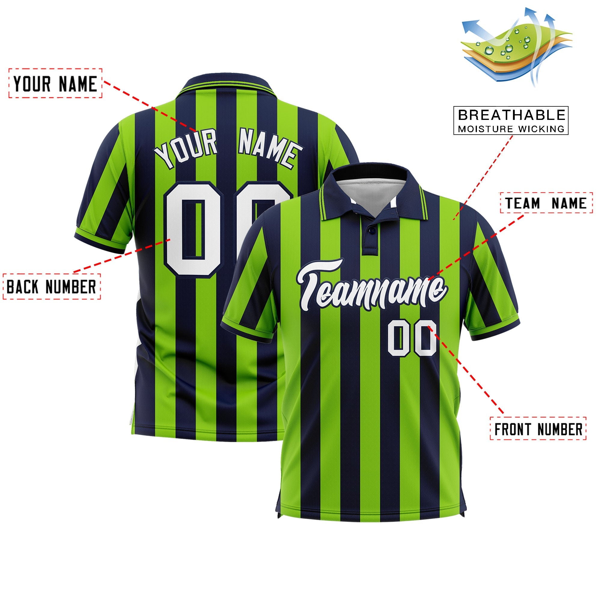 Custom Navy Neon Green Vertical Stripes Design Performance Polo Shirt