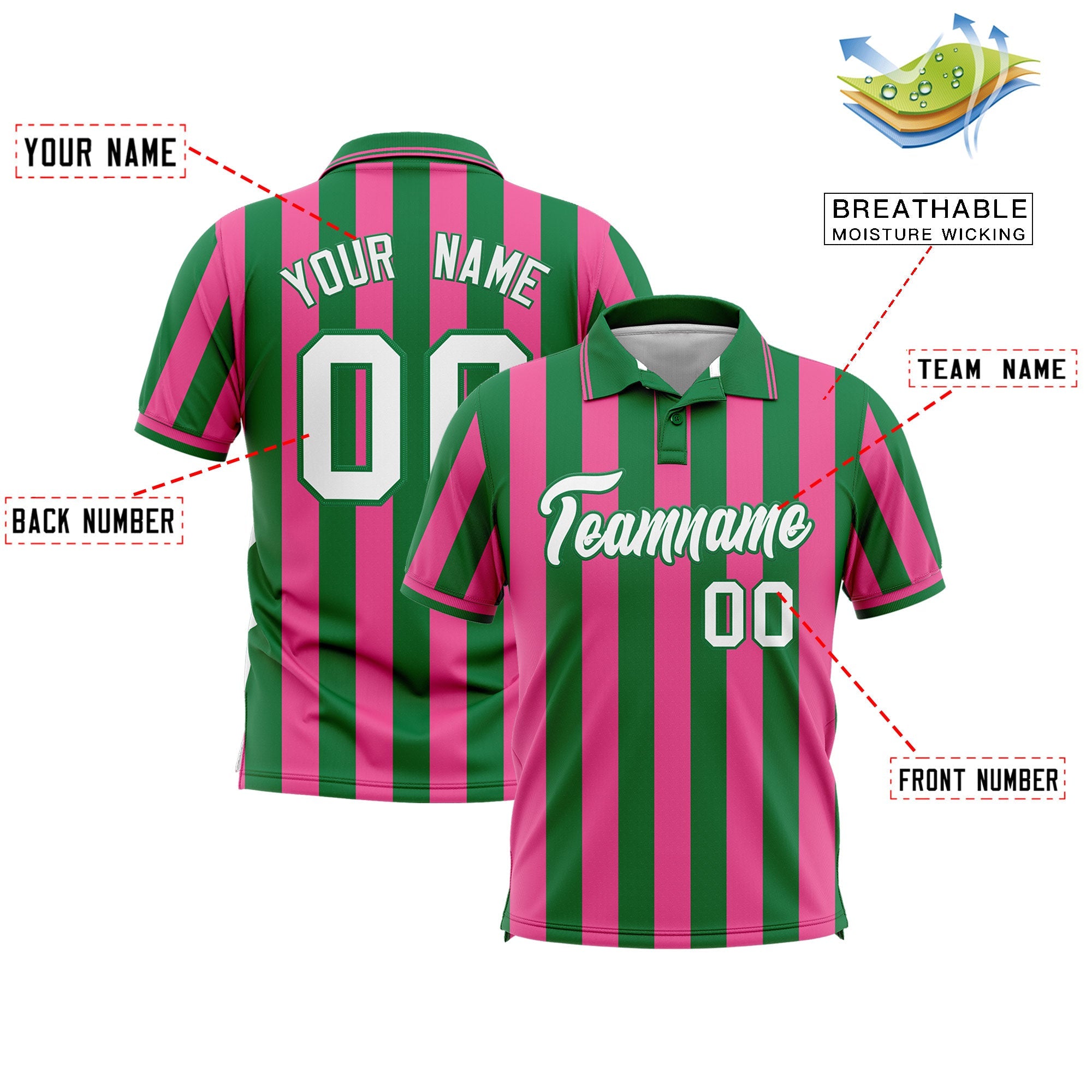 Custom Kelly Green Pink Vertical Stripes Design Performance Polo Shirt