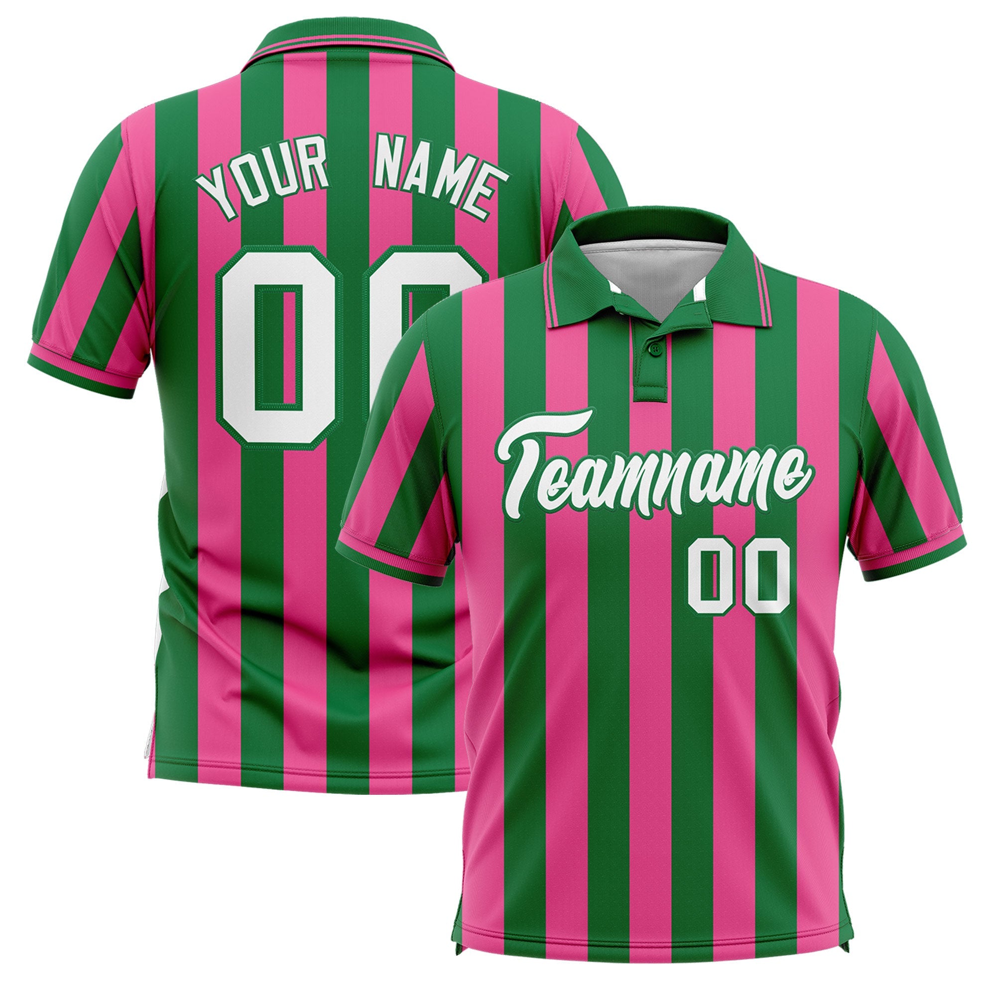 Custom Kelly Green Pink Vertical Stripes Design Performance Polo Shirt