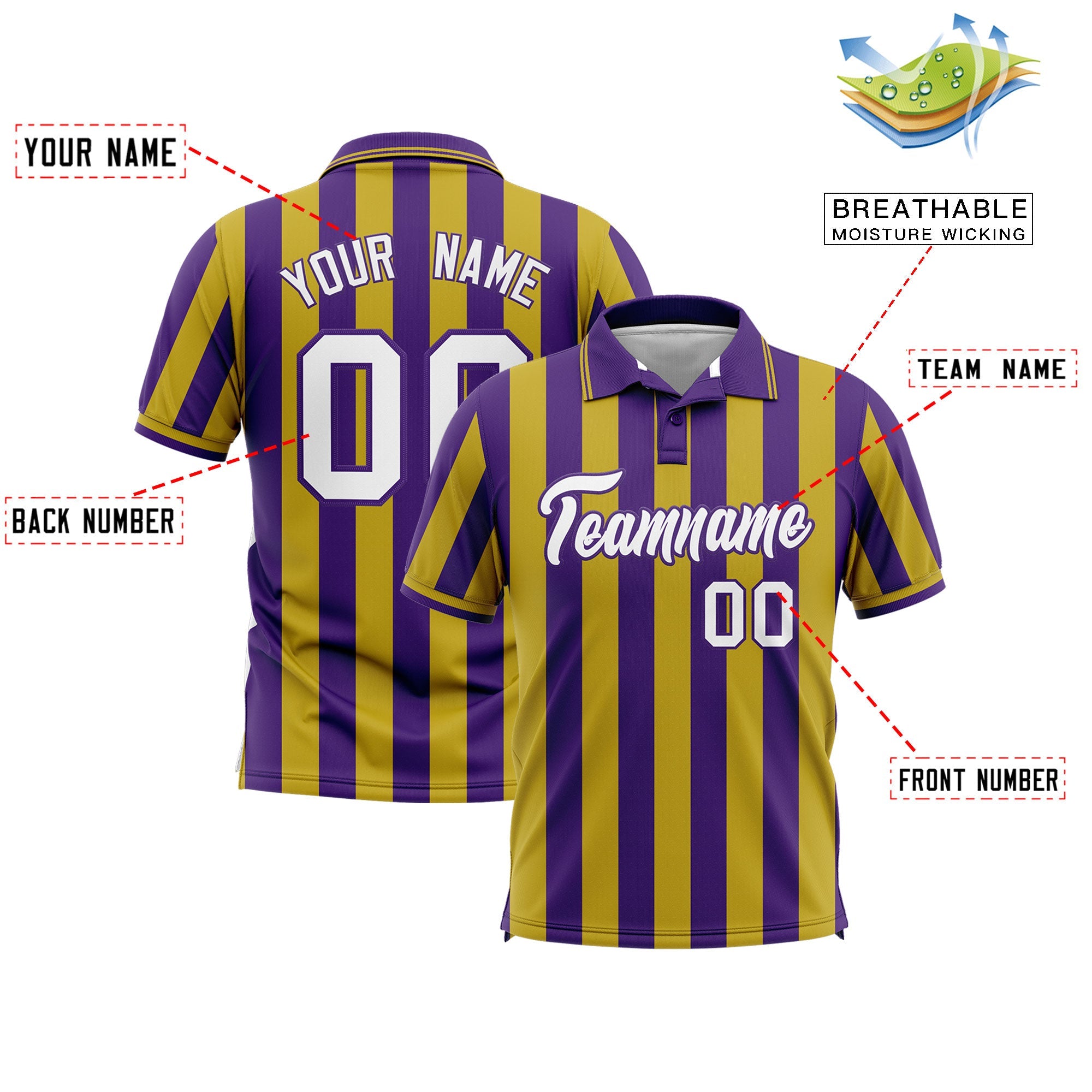 Custom Purple Old Gold Vertical Stripes Design Performance Polo Shirt