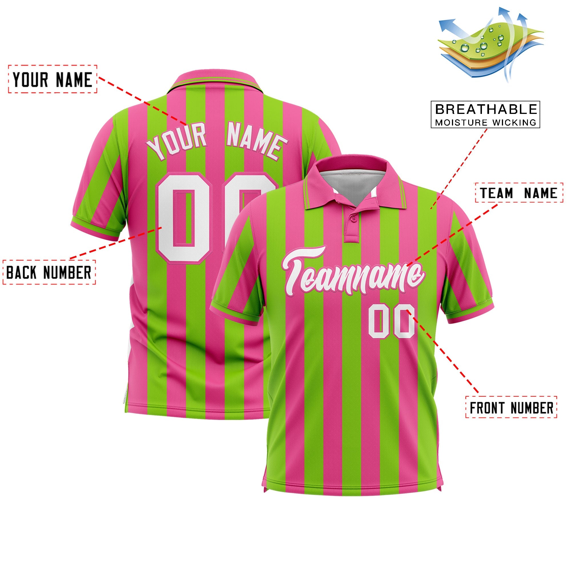 Custom Pink Neon Green Vertical Stripes Design Performance Polo Shirt