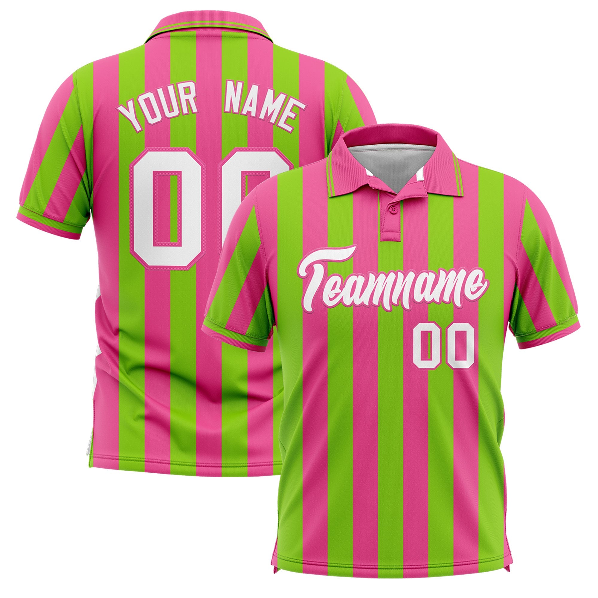 Custom Pink Neon Green Vertical Stripes Design Performance Polo Shirt