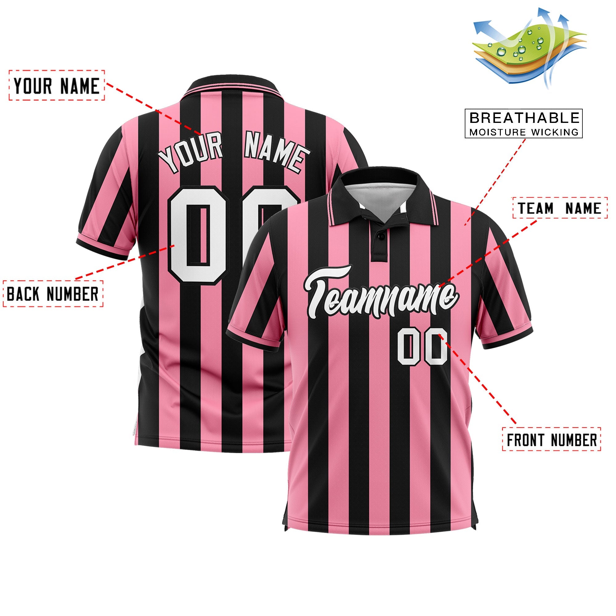 Custom Black Light Pink Vertical Stripes Design Performance Polo Shirt