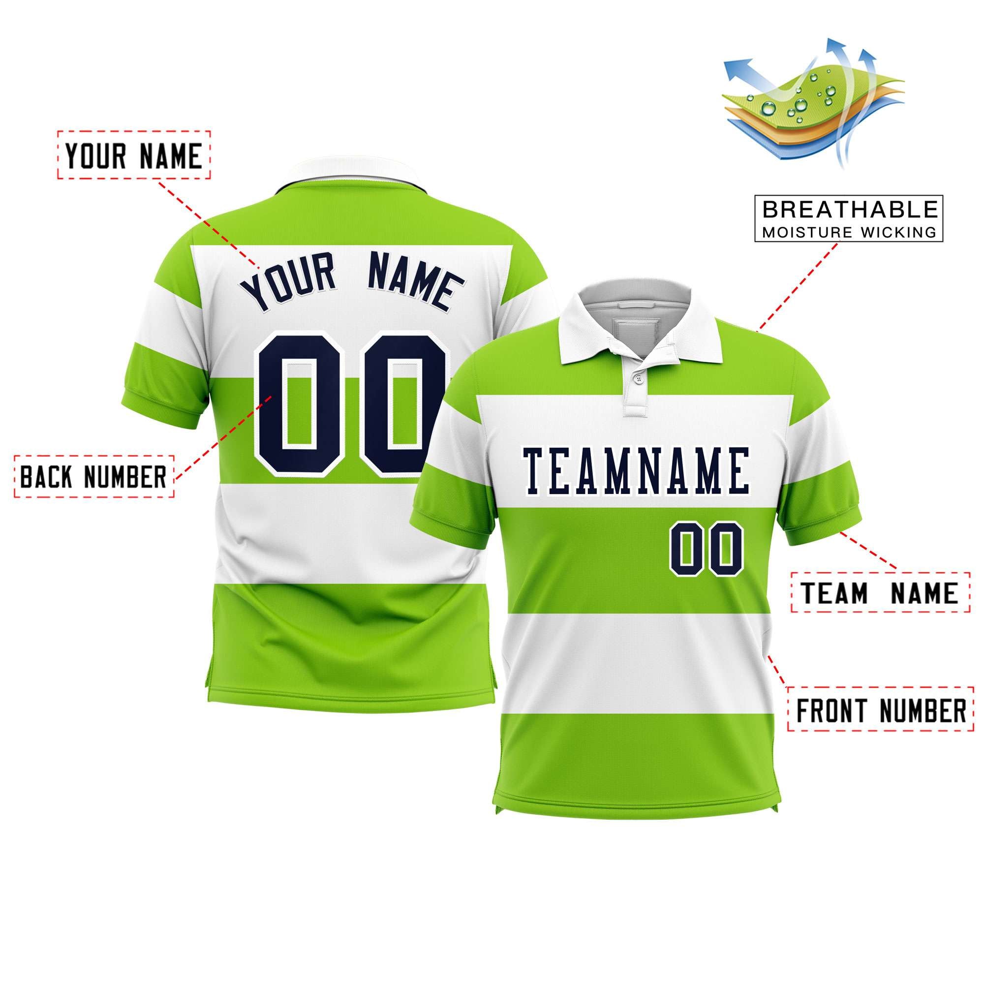 Custom White-Neon Green Horizontal Stripe Design Performance Polo Shirt