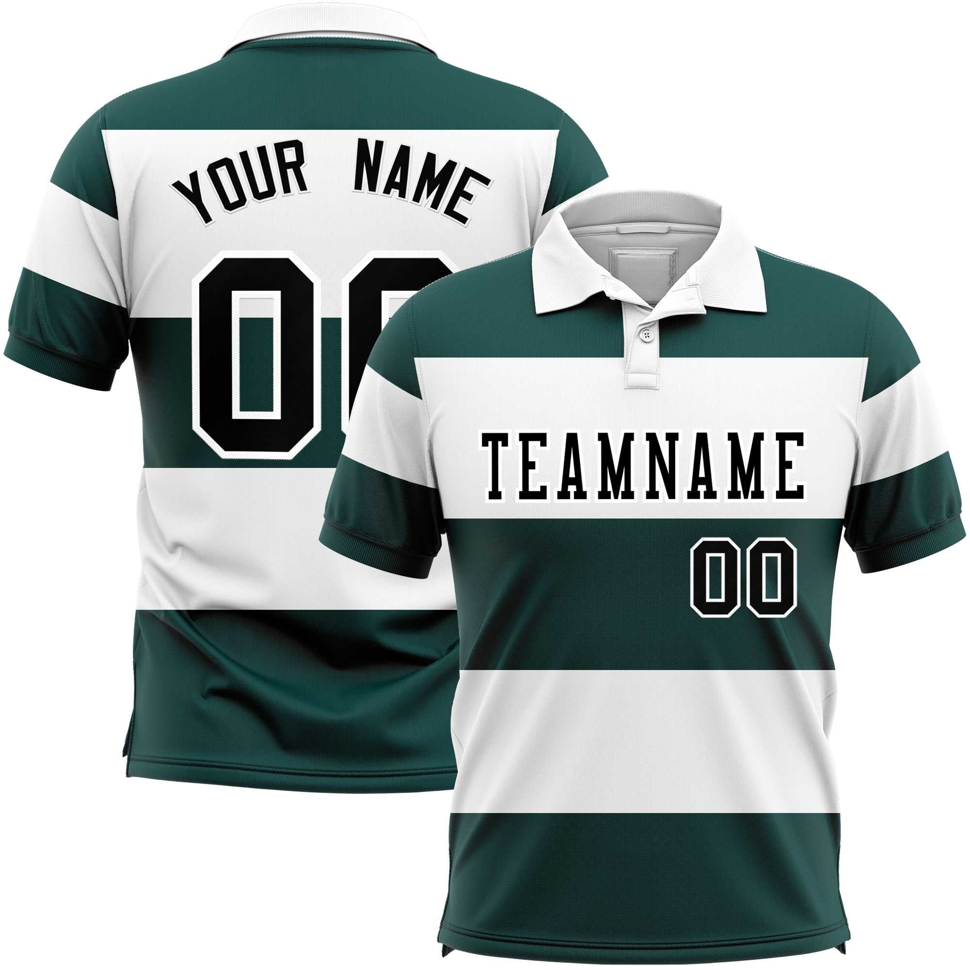 Custom White-Midnight Green Horizontal Stripe Design Performance Polo Shirt