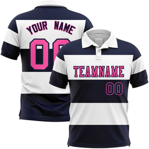 Custom White-Navy Horizontal Stripe Design Performance Polo Shirt