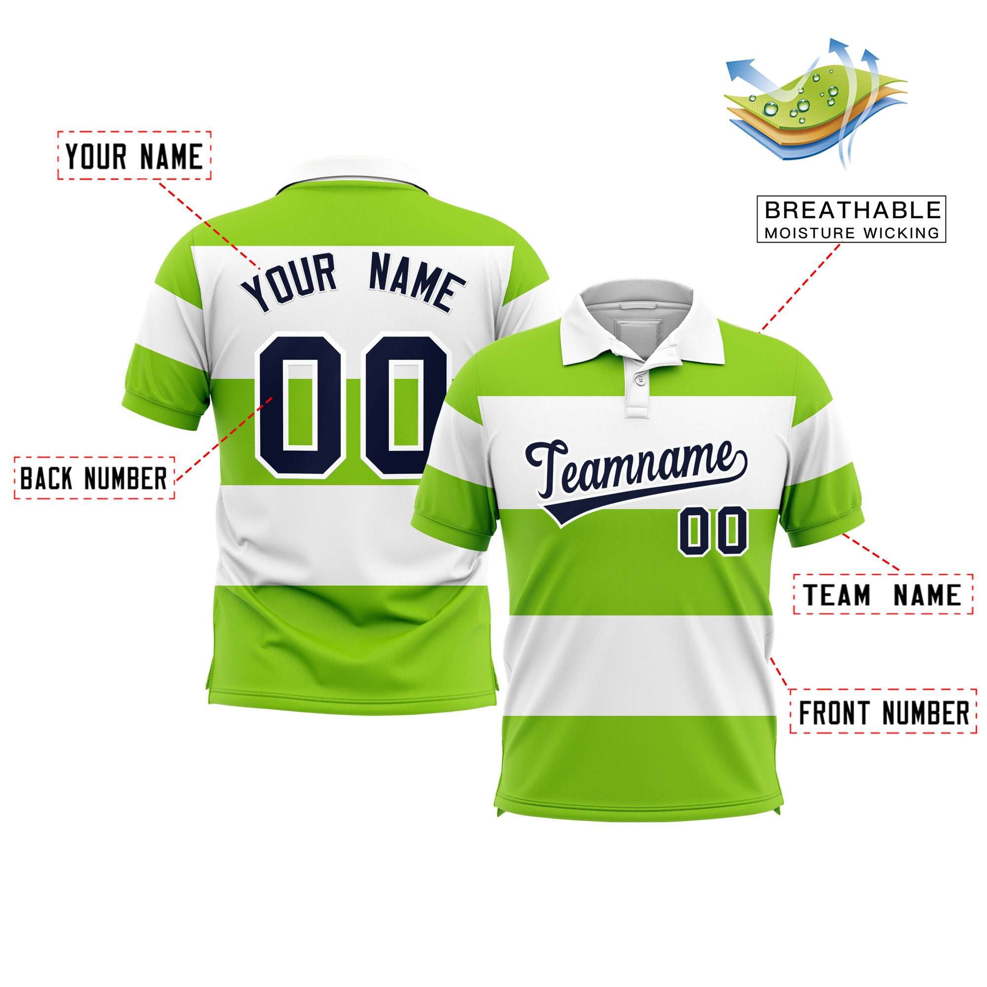 Custom White-Neon Green Horizontal Stripe Design Performance Polo Shirt