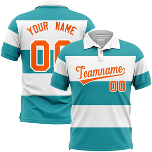 Custom White-Aqua Horizontal Stripe Design Performance Polo Shirt