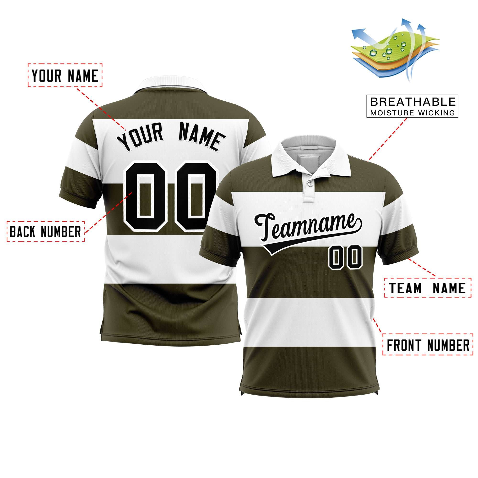 Custom White-Olive Horizontal Stripe Design Performance Polo Shirt