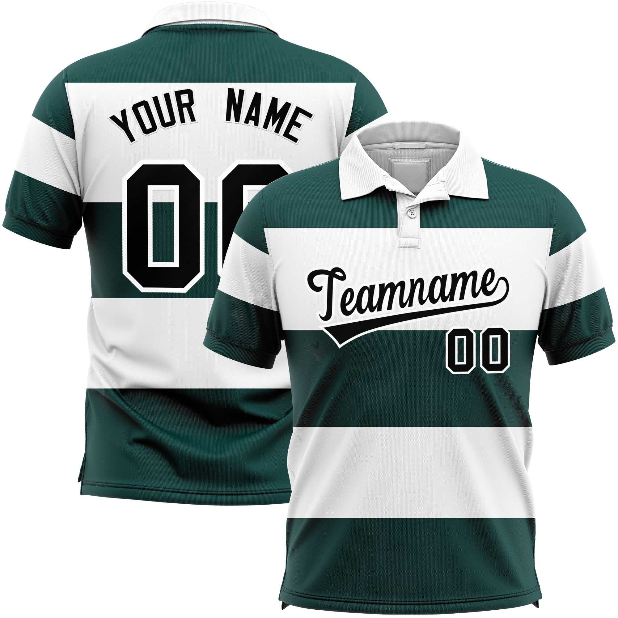 Custom White-Midnight Green Horizontal Stripe Design Performance Polo Shirt