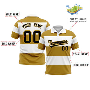 Custom White-Old Gold Horizontal Stripe Design Performance Polo Shirt