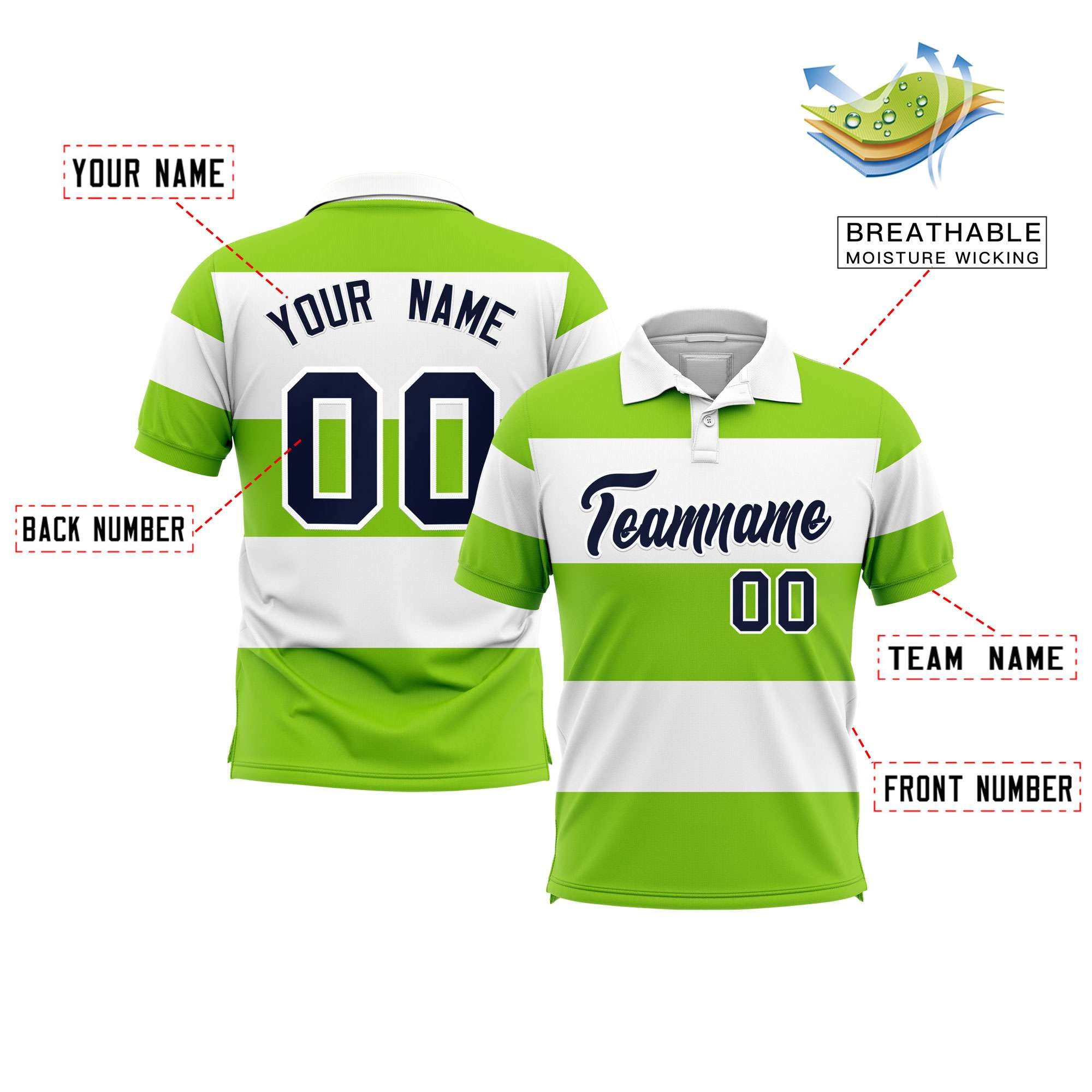 Custom White-Neon Green Horizontal Stripe Design Performance Polo Shirt