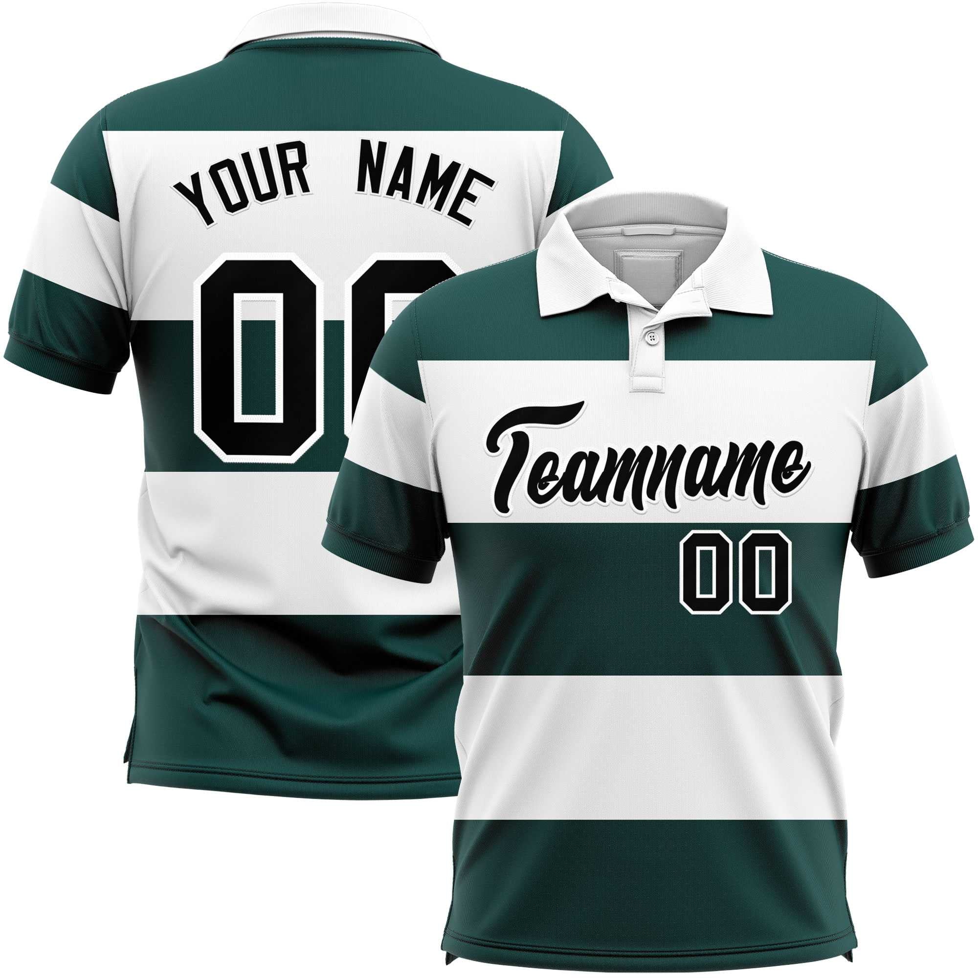 Custom White-Midnight Green Horizontal Stripe Design Performance Polo Shirt