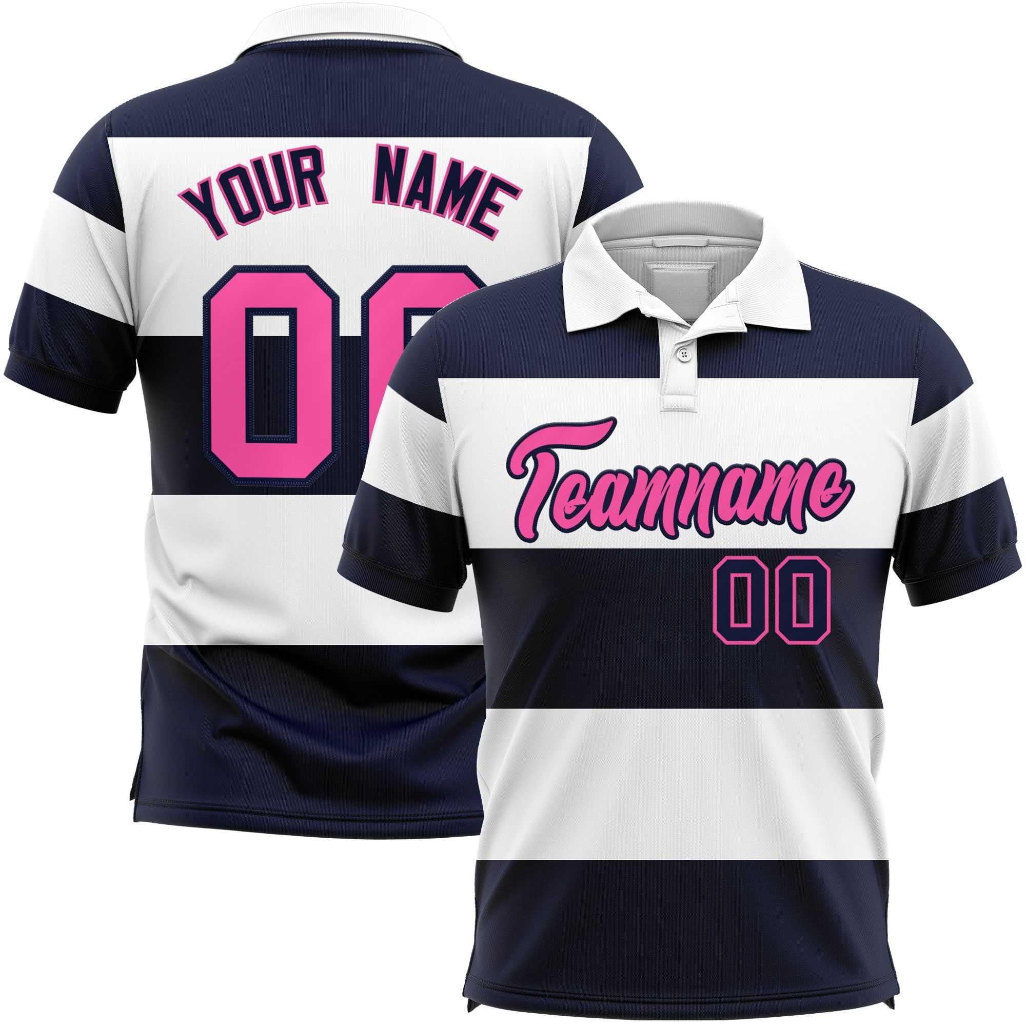 Custom White-Navy Horizontal Stripe Design Performance Polo Shirt