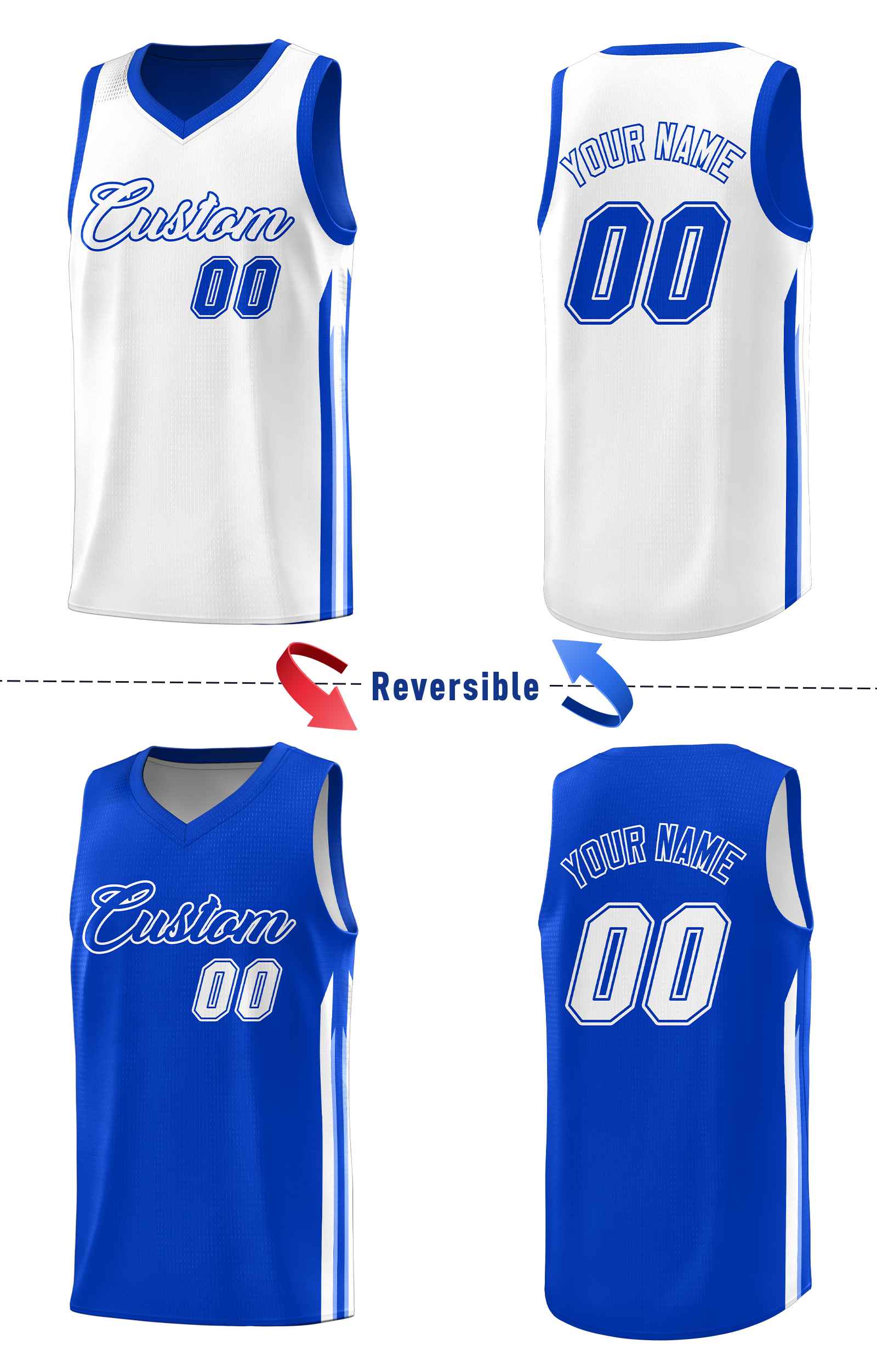 Maillot de basket-ball personnalisé Royal White Double Side pour hommes