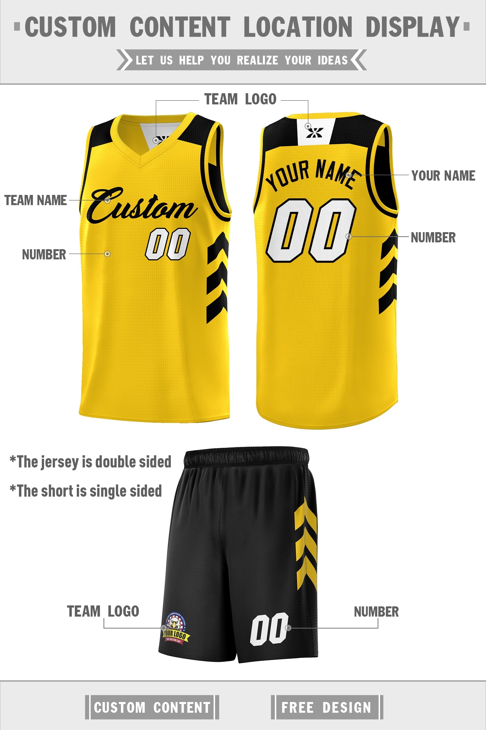 Le double côté jaune noir fait sur commande place le maillot de basket-ball personnalisé