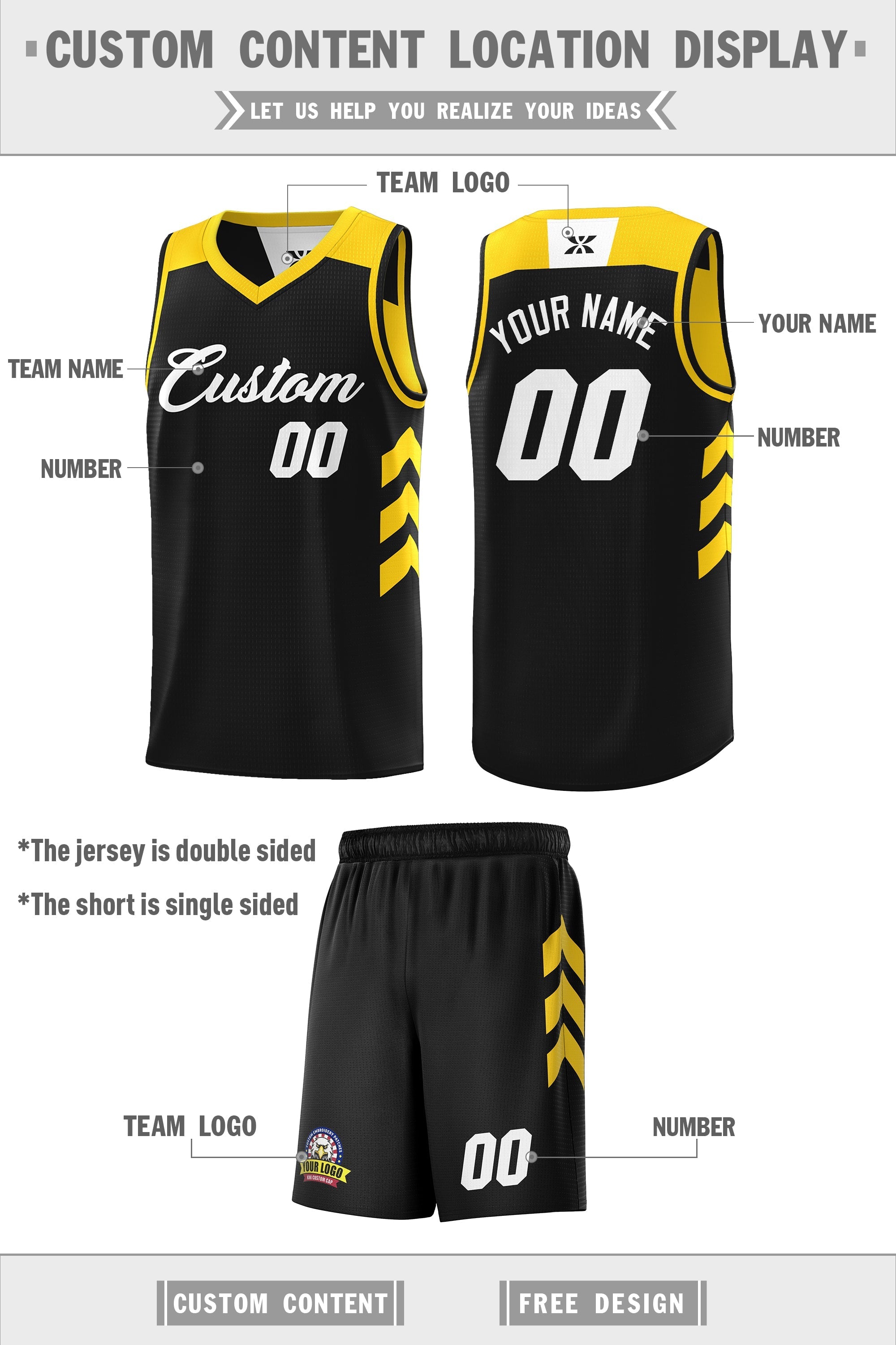 Le double côté jaune noir fait sur commande place le maillot de basket-ball personnalisé