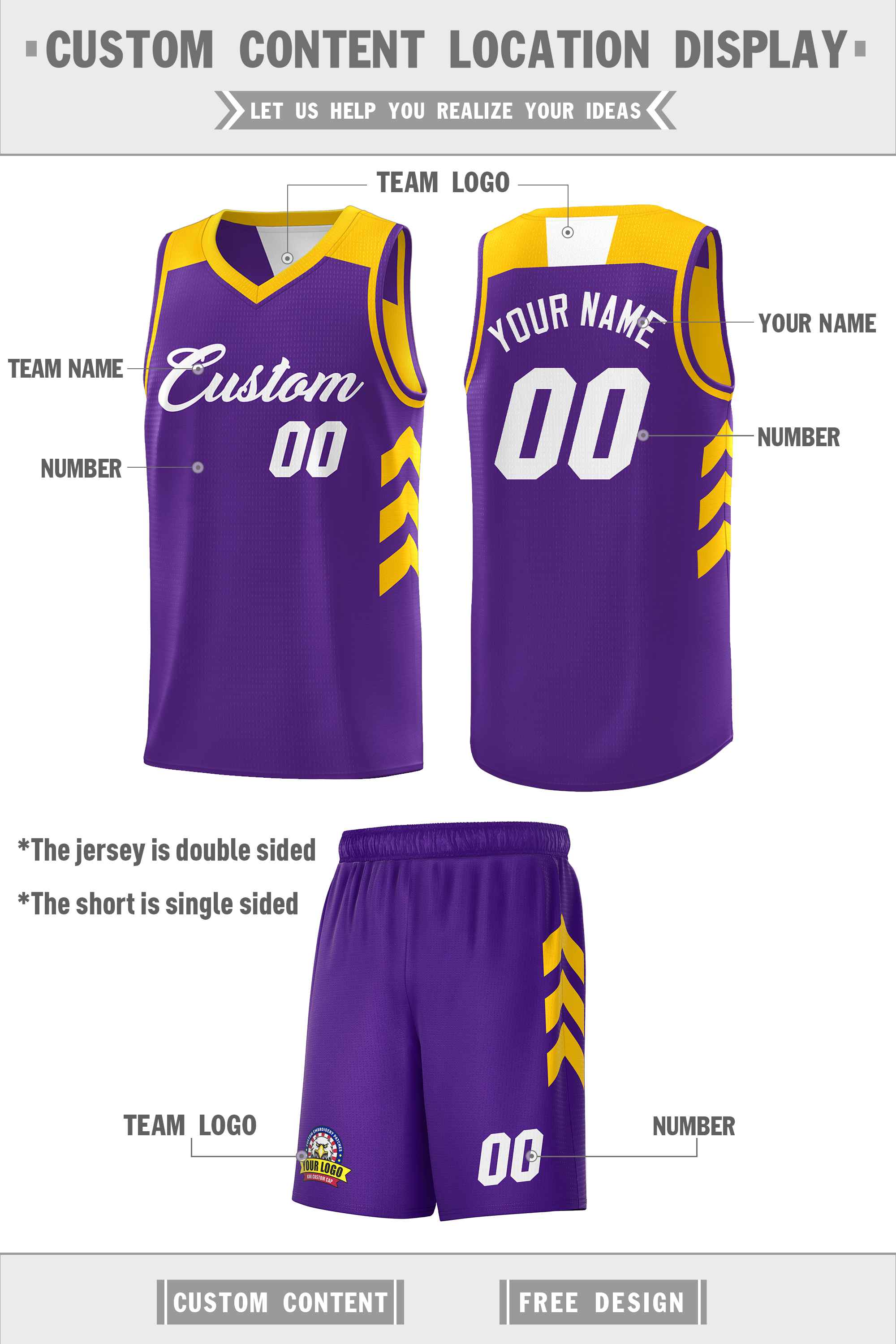 Custom Purple Yellow Double Side Sets Personalized Basketball Jersey