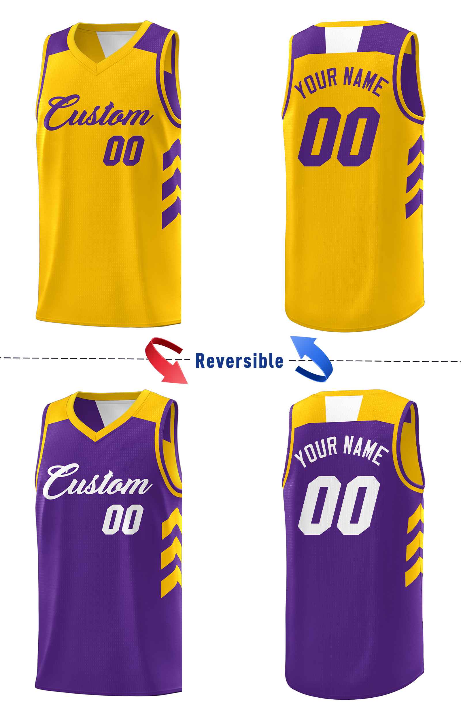 Custom Purple Yellow Double Side Sets Personalized Basketball Jersey