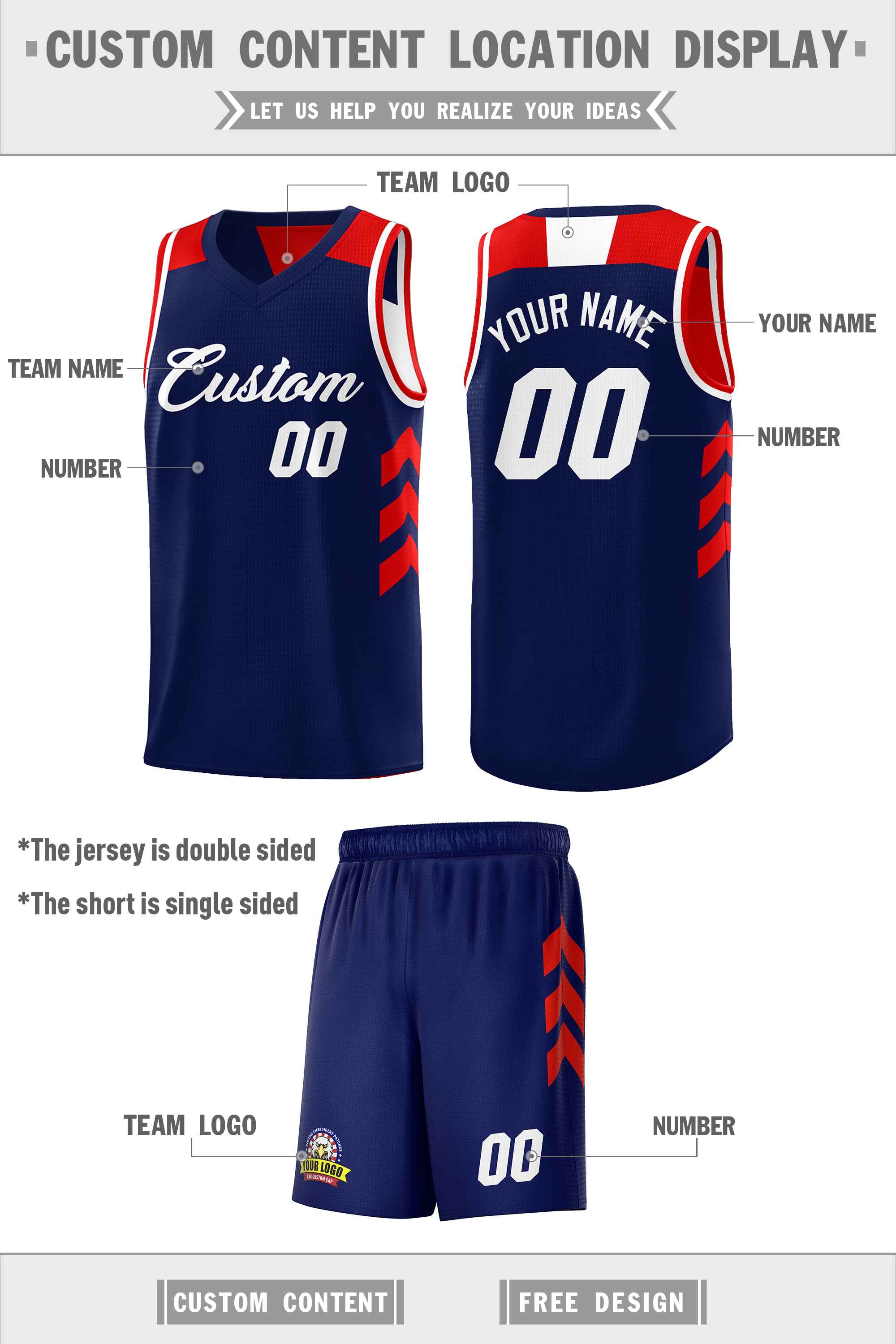 Custom Navy White-Red Double Side Sets Personalized Basketball Jersey