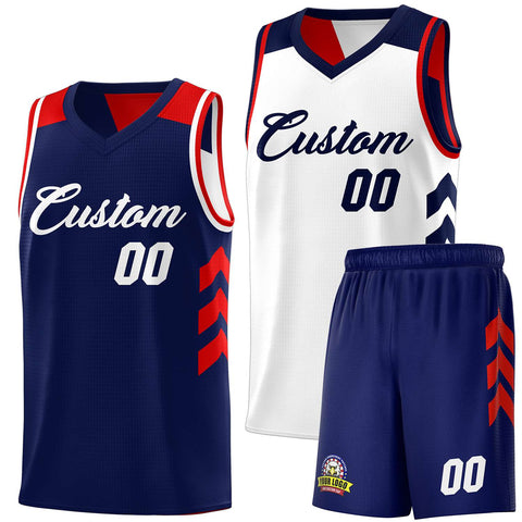 Custom Navy White-Red Double Side Sets Personalized Basketball Jersey