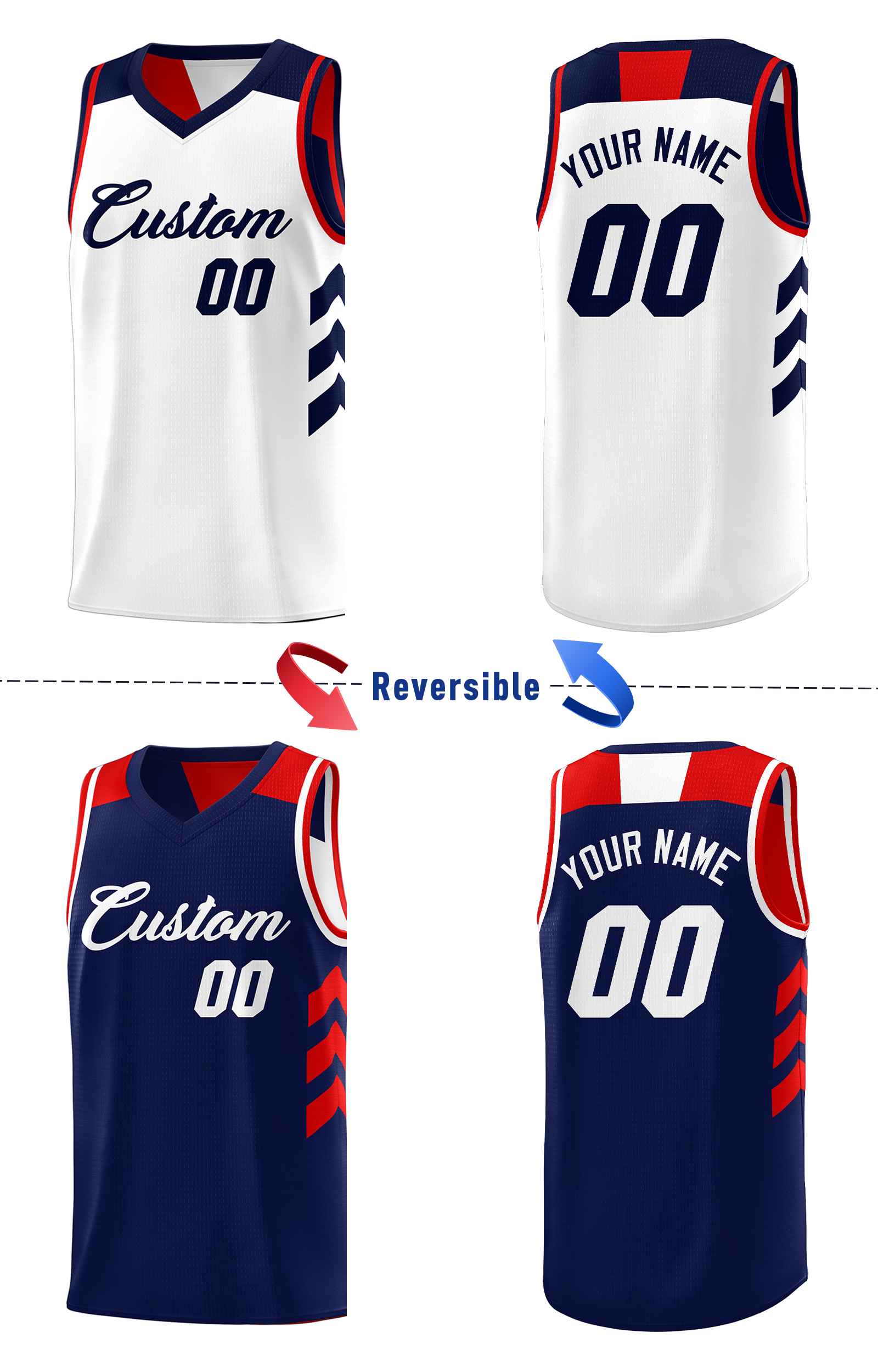 Custom Navy White-Red Double Side Sets Personalized Basketball Jersey