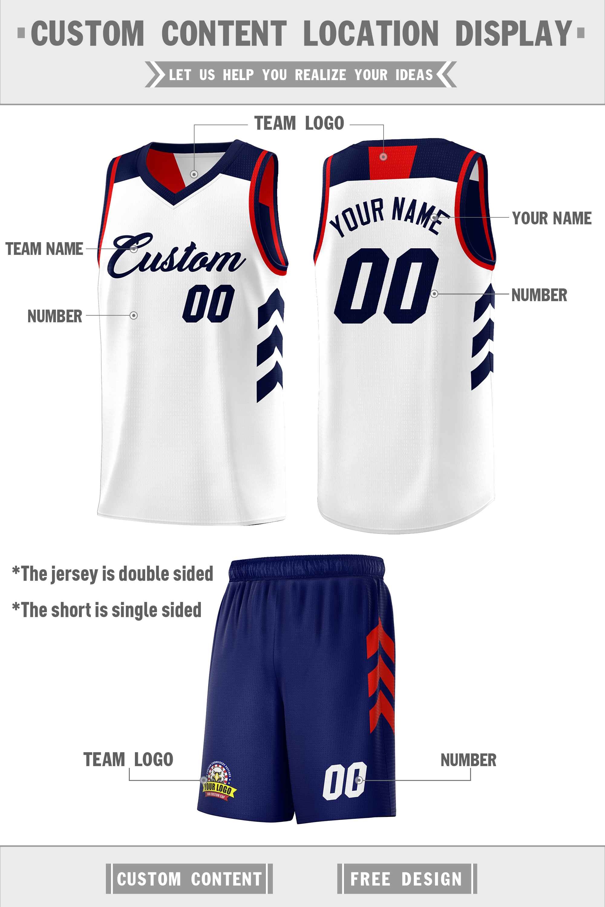 Custom Navy White-Red Double Side Sets Personalized Basketball Jersey