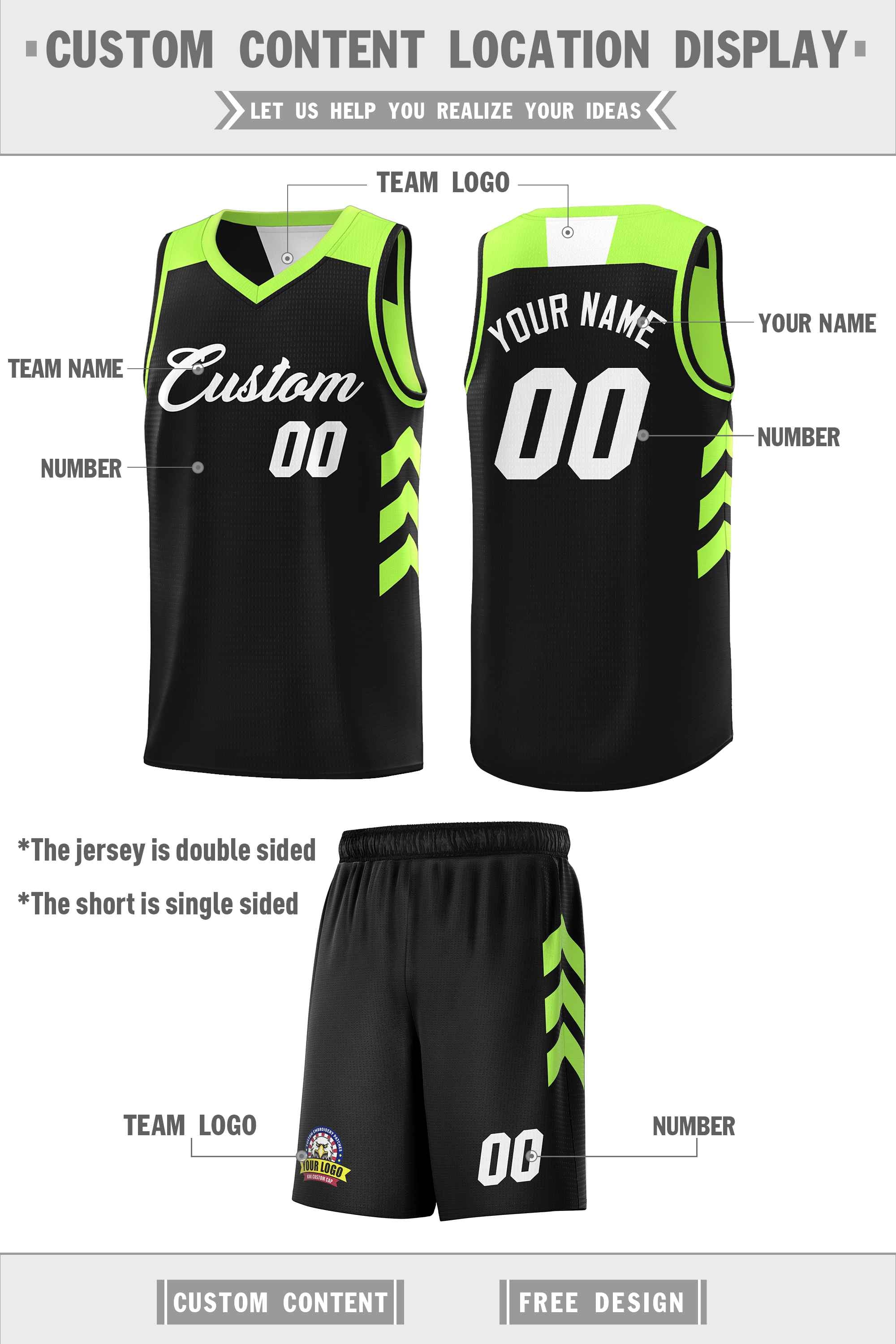 Custom Black Neon Green-White Double Side Sets Personalized Basketball Jersey