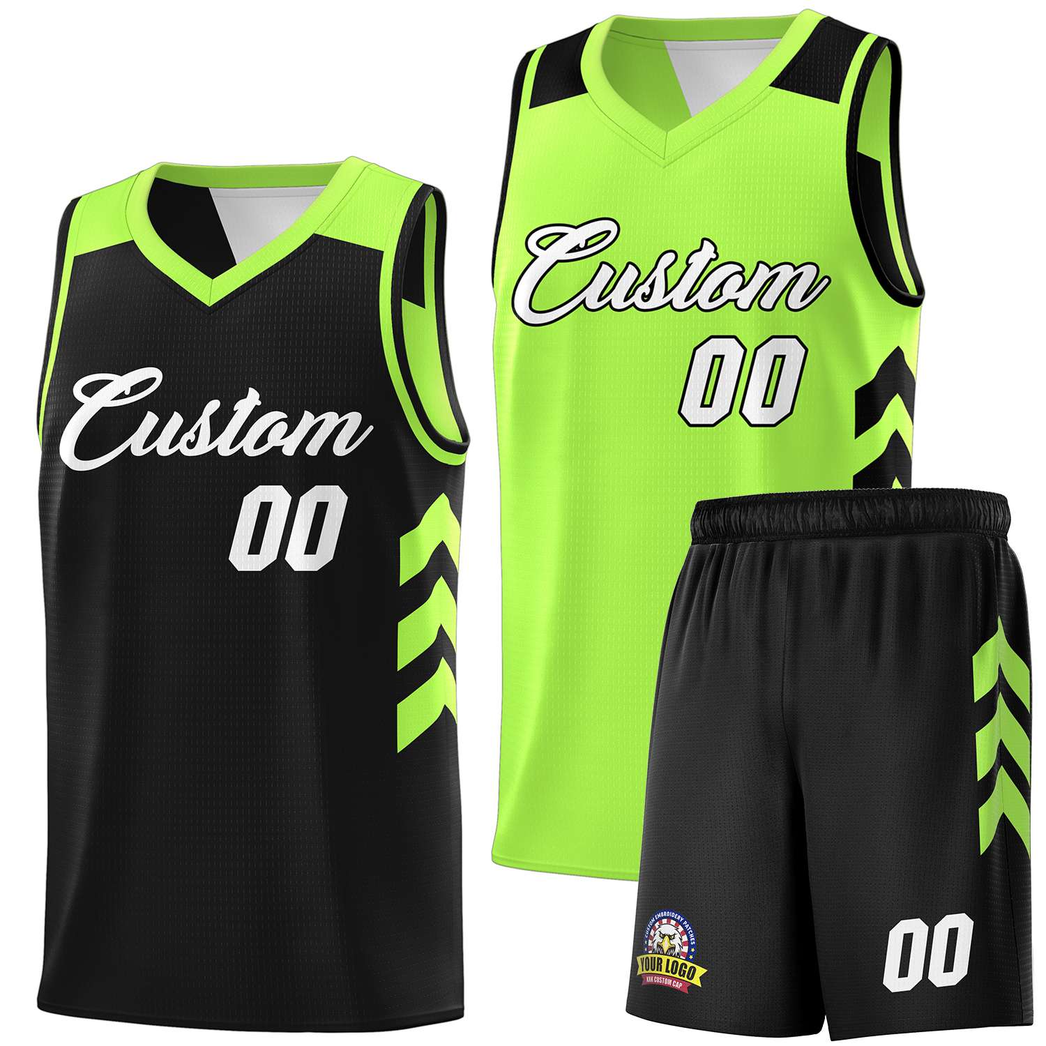 Custom Black Neon Green-White Double Side Sets Personalized Basketball Jersey