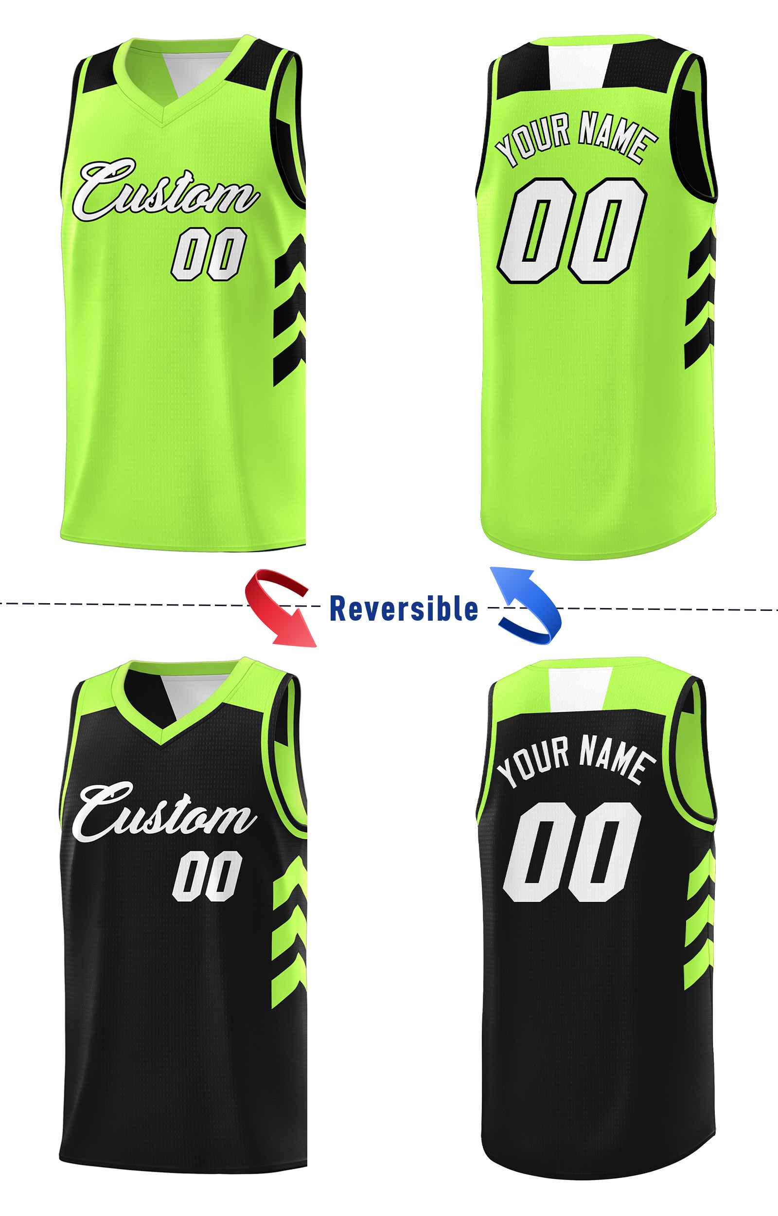 Maillot de basket-ball personnalisé noir néon vert-blanc, ensembles Double face personnalisés