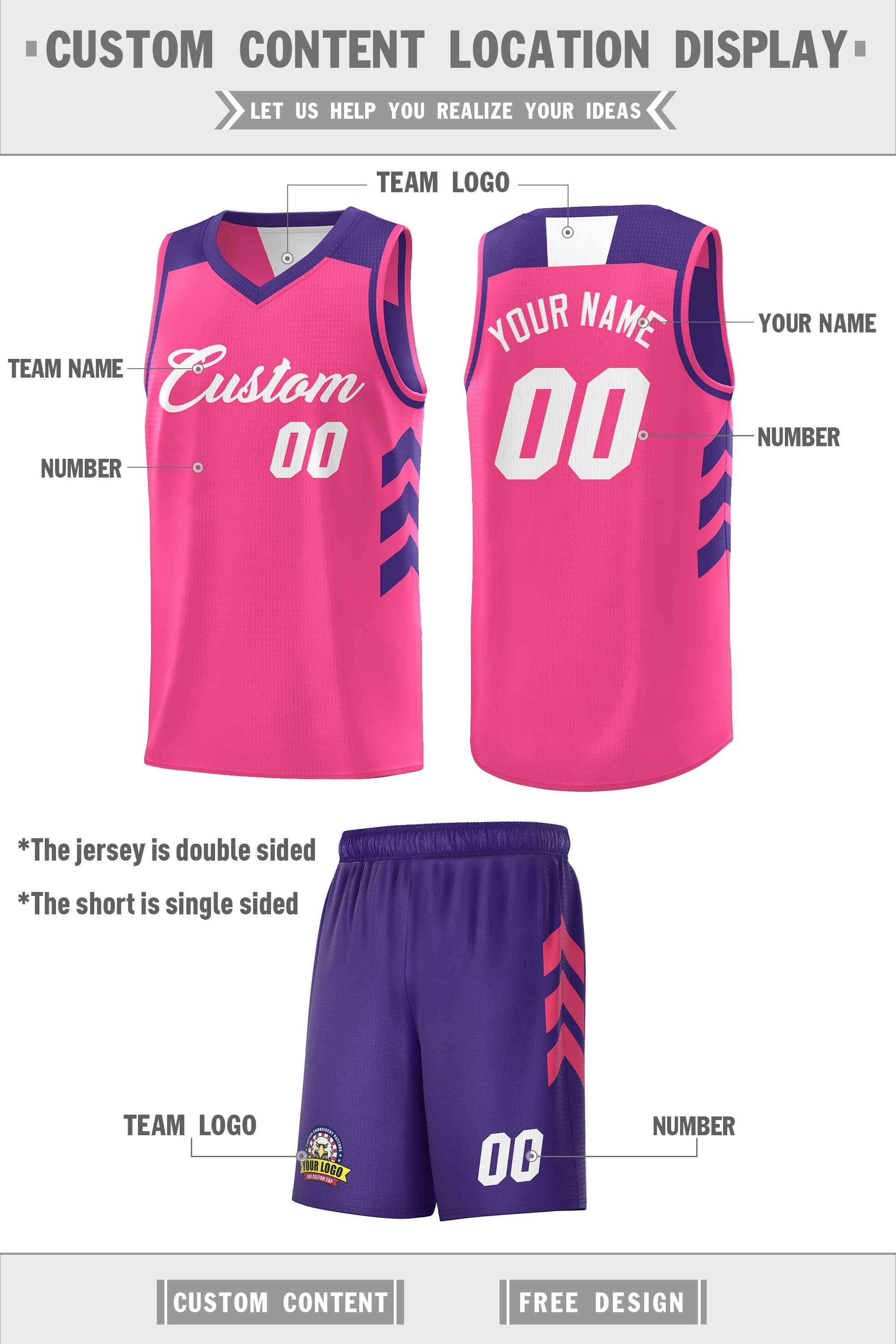 Maillot de basket-ball personnalisé, ensembles Double face rose violet-blanc personnalisés