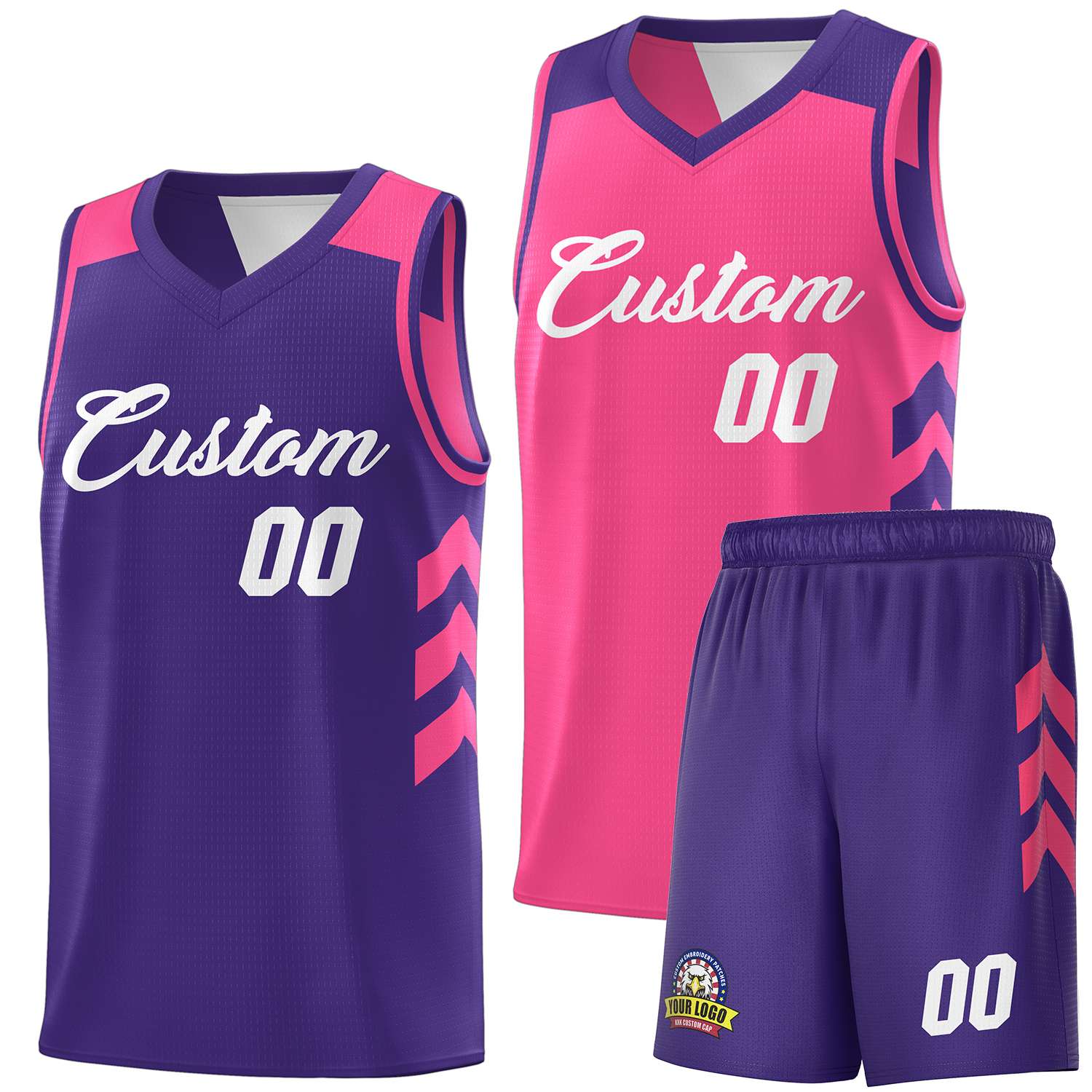 Maillot de basket-ball personnalisé, ensembles Double face rose violet-blanc personnalisés