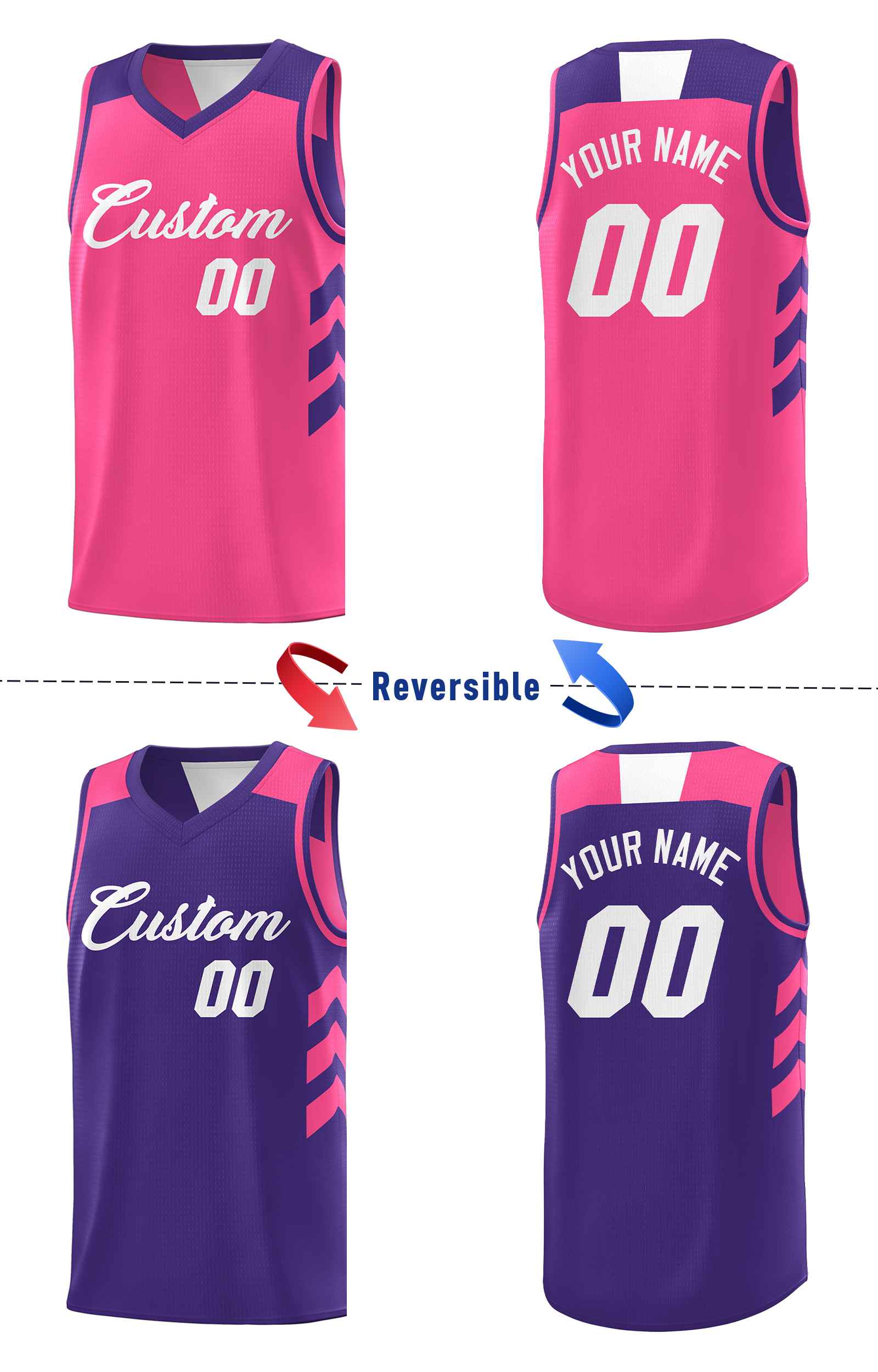 Maillot de basket-ball personnalisé, ensembles Double face rose violet-blanc personnalisés