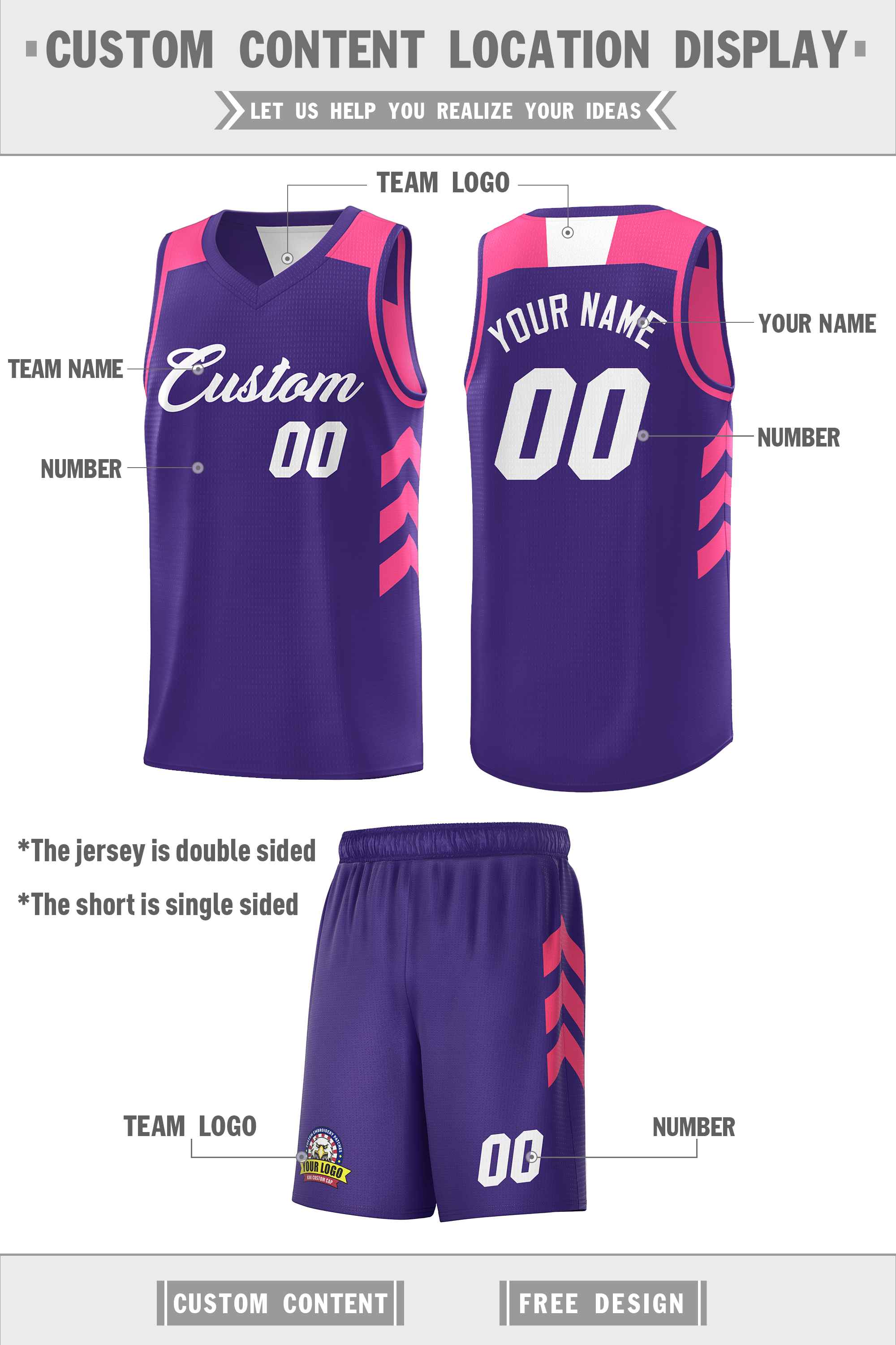 Maillot de basket-ball personnalisé, ensembles Double face rose violet-blanc personnalisés