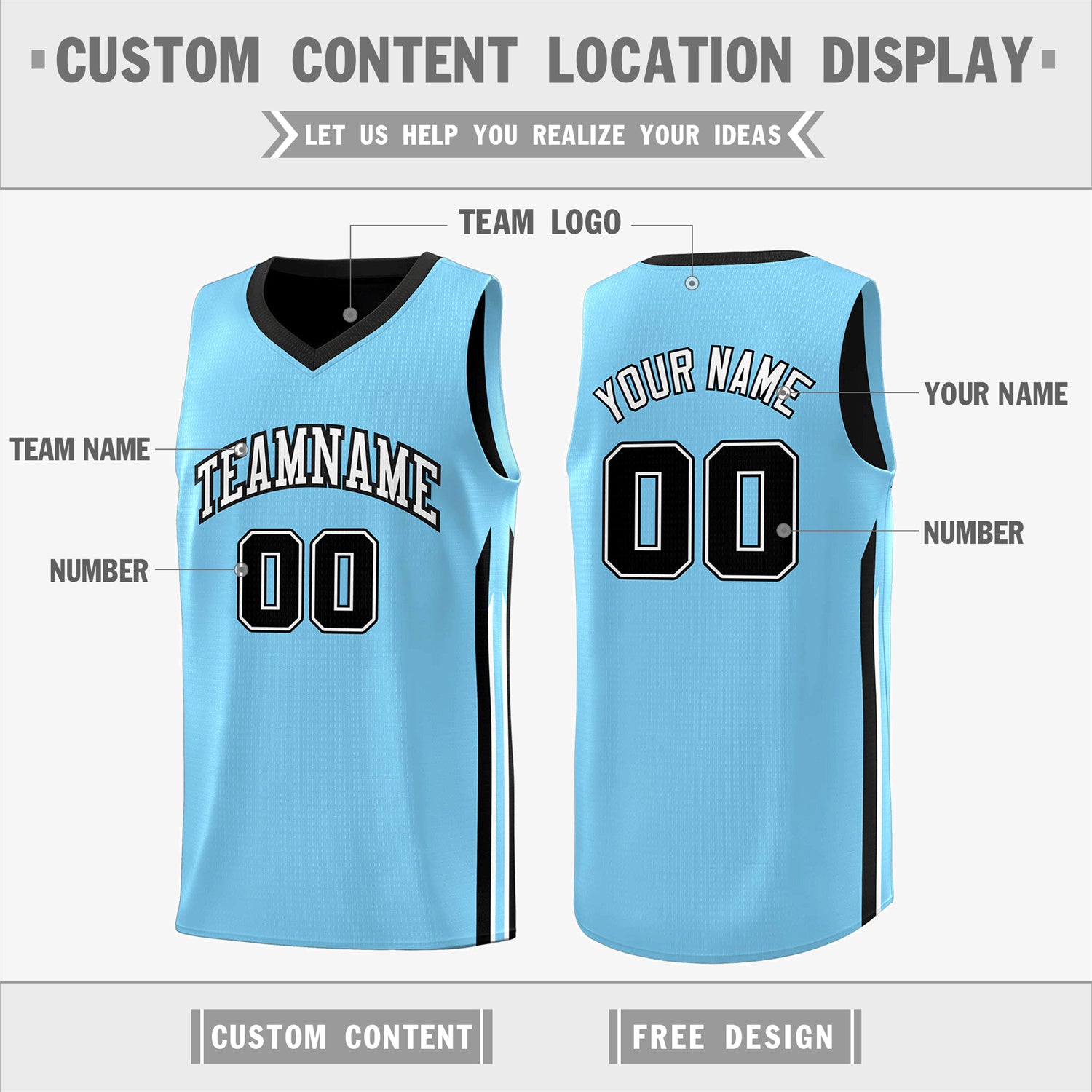 Custom Black Light Blue Double Side Tops Training Basketball Jersey