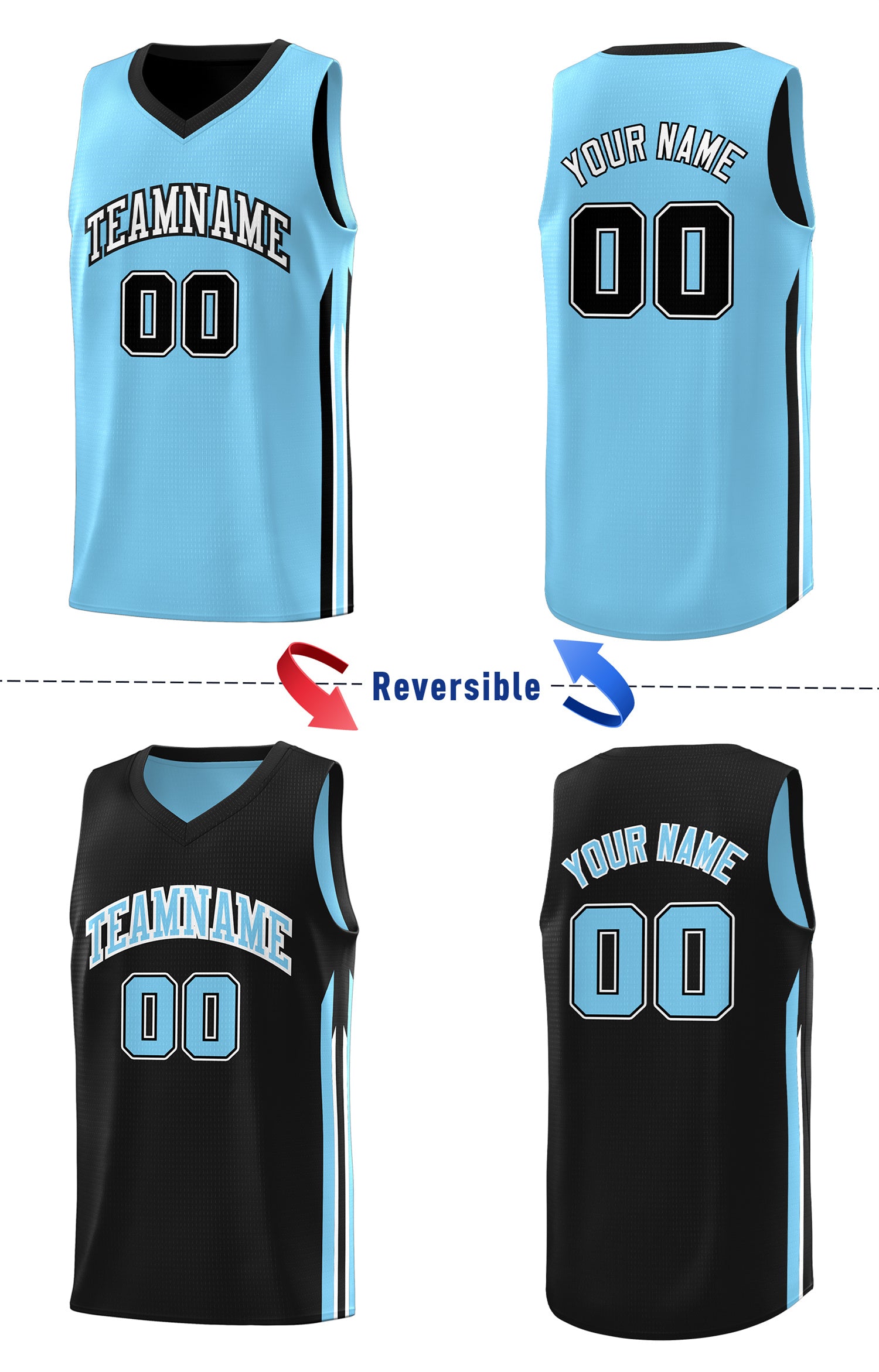 Custom Black Light Blue Double Side Tops Training Basketball Jersey