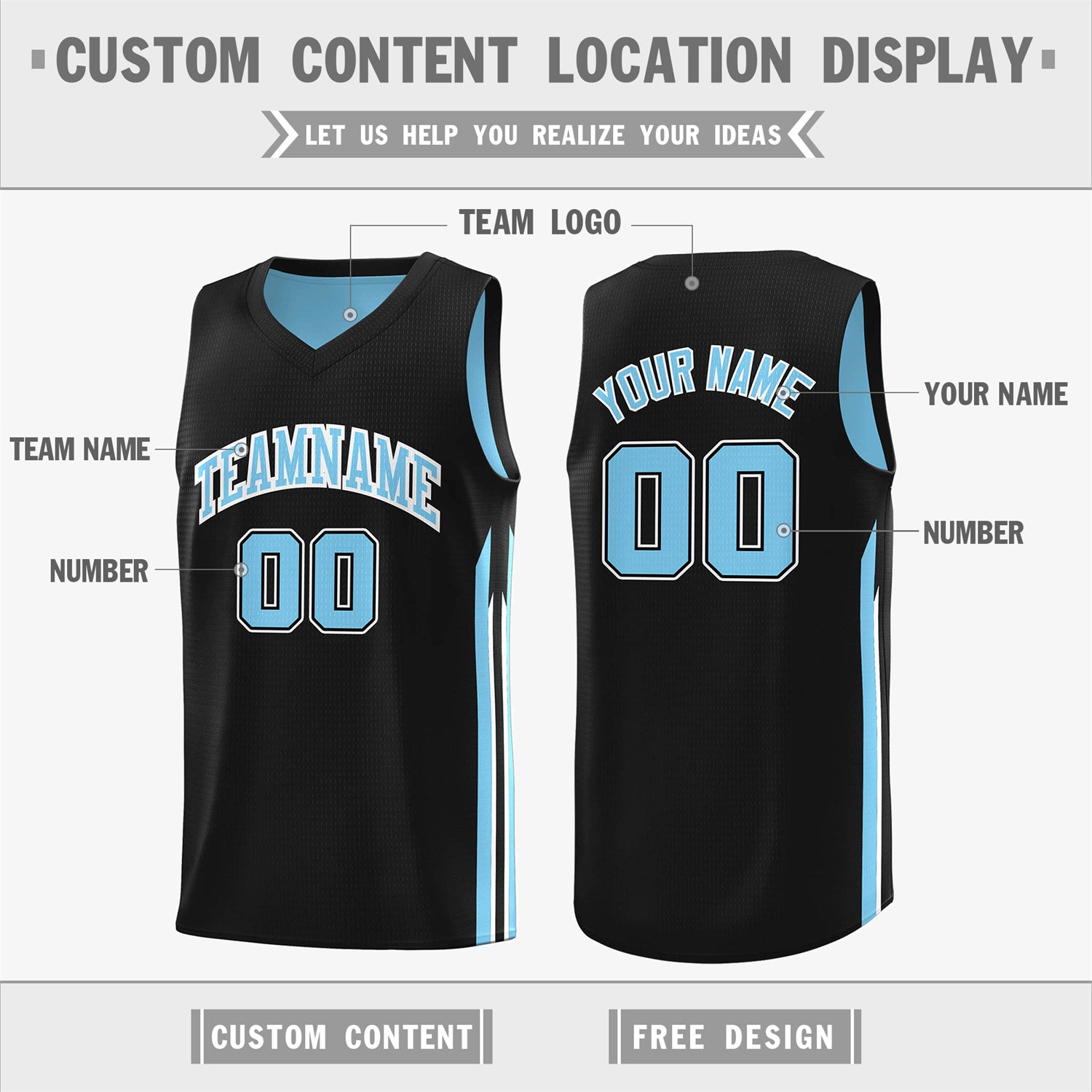 Custom Black Light Blue Double Side Tops Training Basketball Jersey