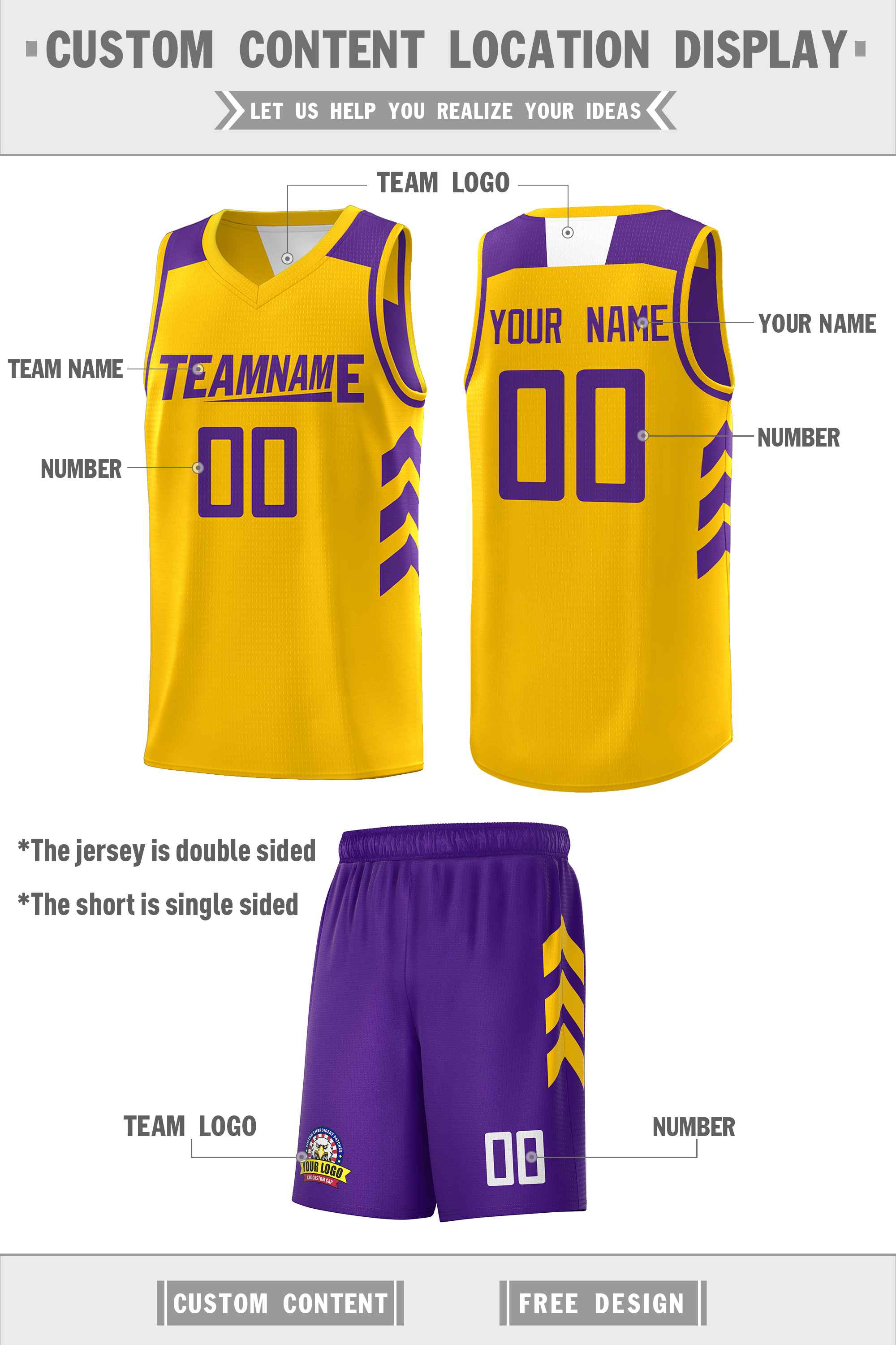 Maillot de basket-ball personnalisé pour hommes, ensembles Double face violet jaune-blanc