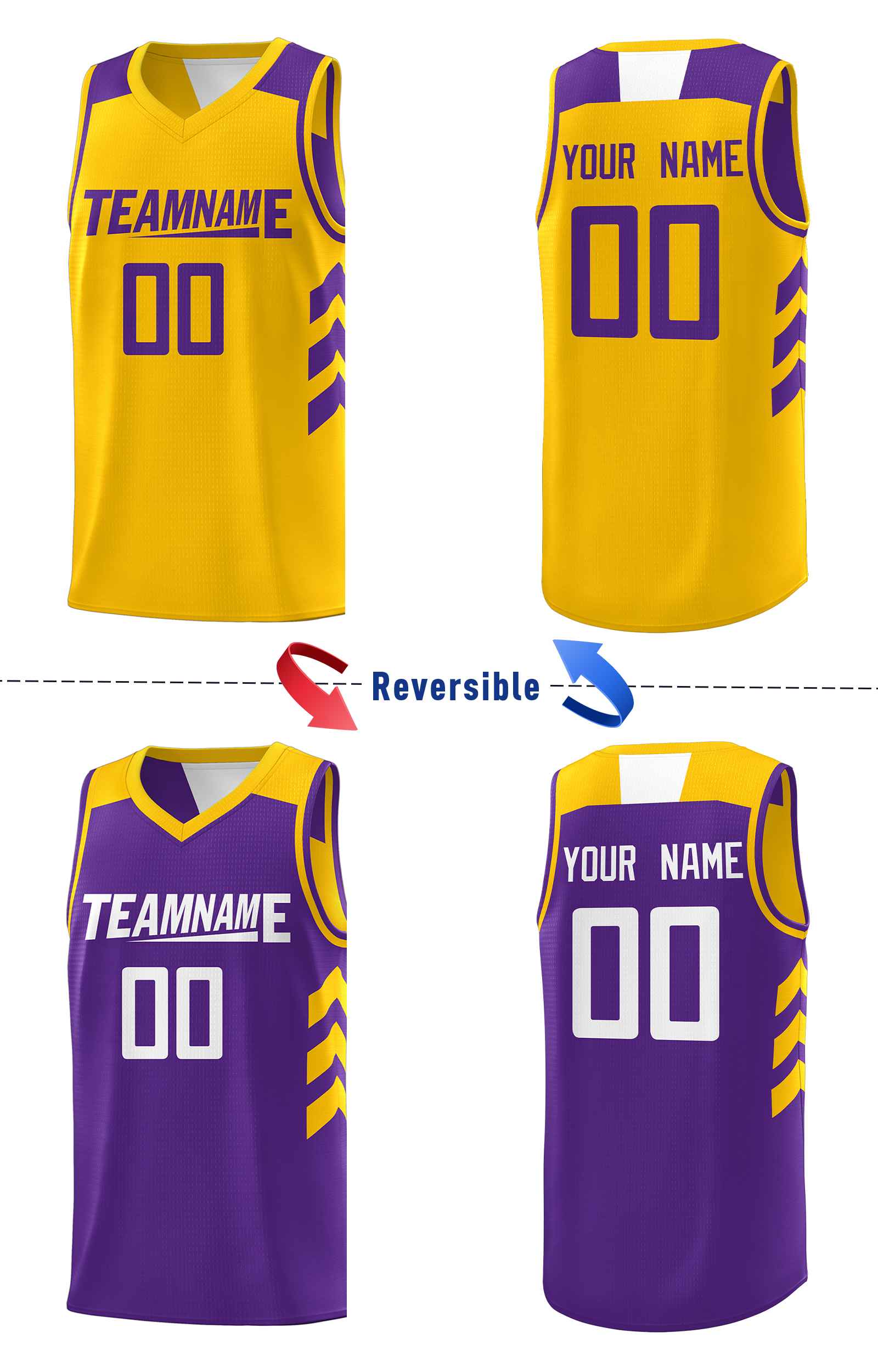 Maillot de basket-ball personnalisé pour hommes, ensembles Double face violet jaune-blanc