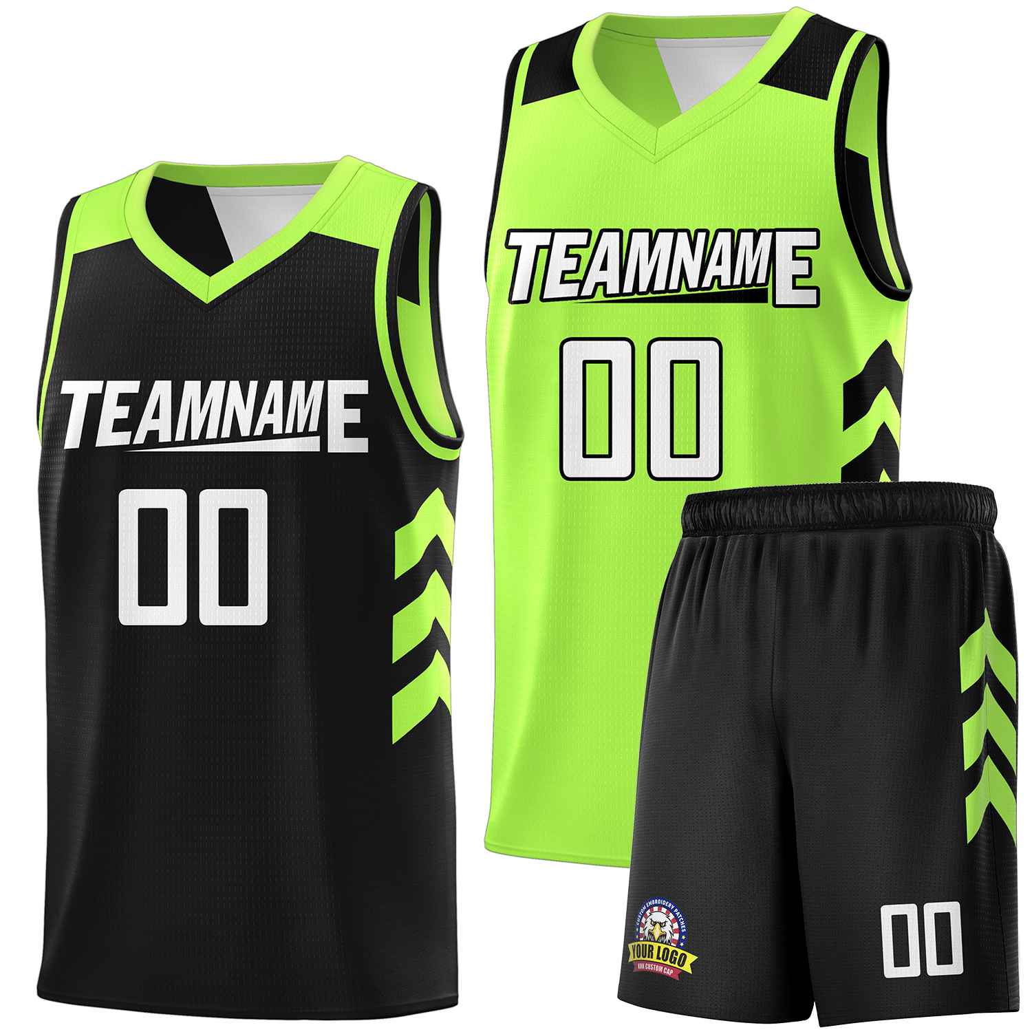 Maillot de basket-ball pour hommes, ensemble Double face vert néon noir personnalisé