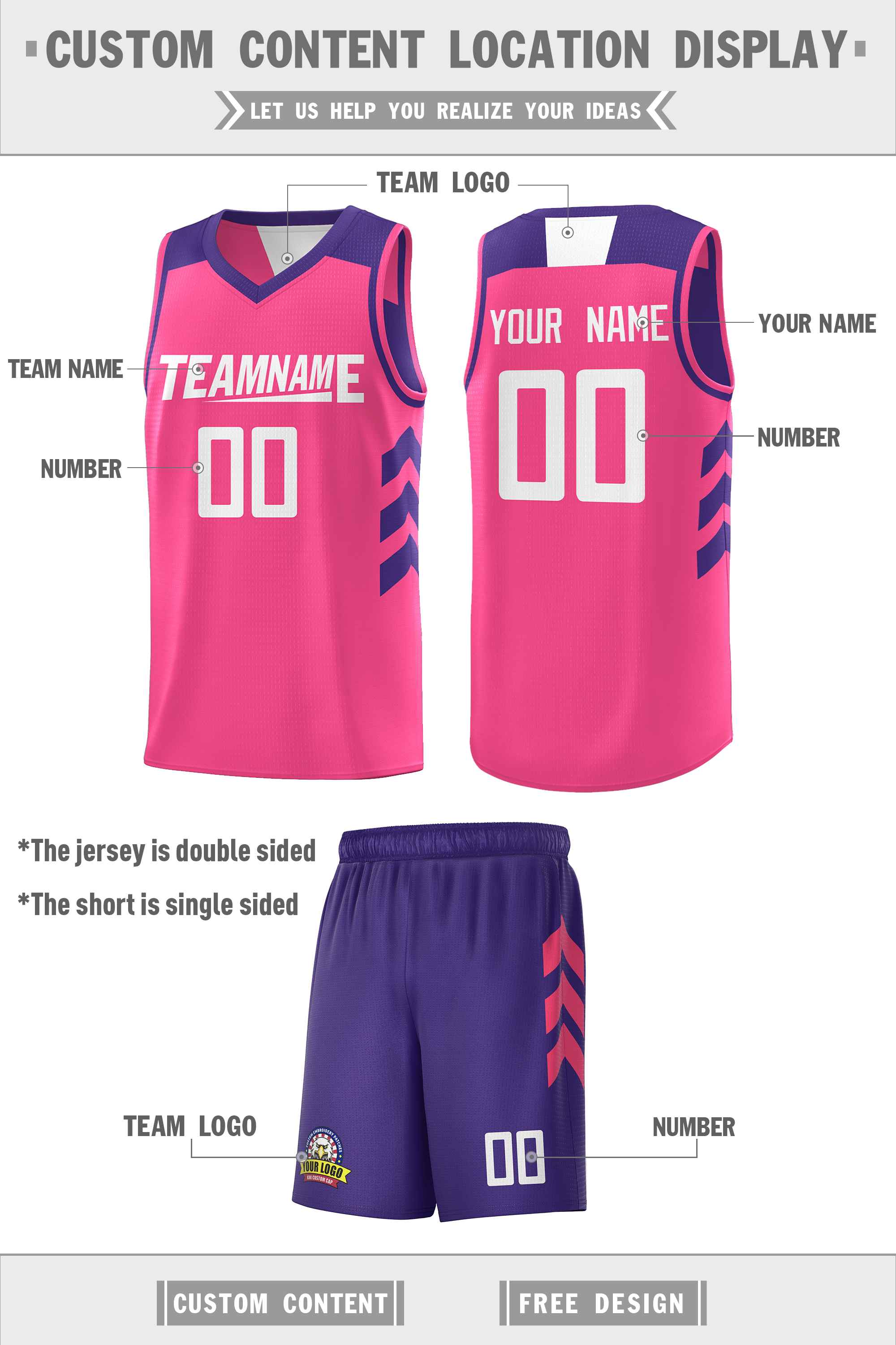 Le double côté rose pourpre fait sur commande place le maillot de basket-ball d'hommes