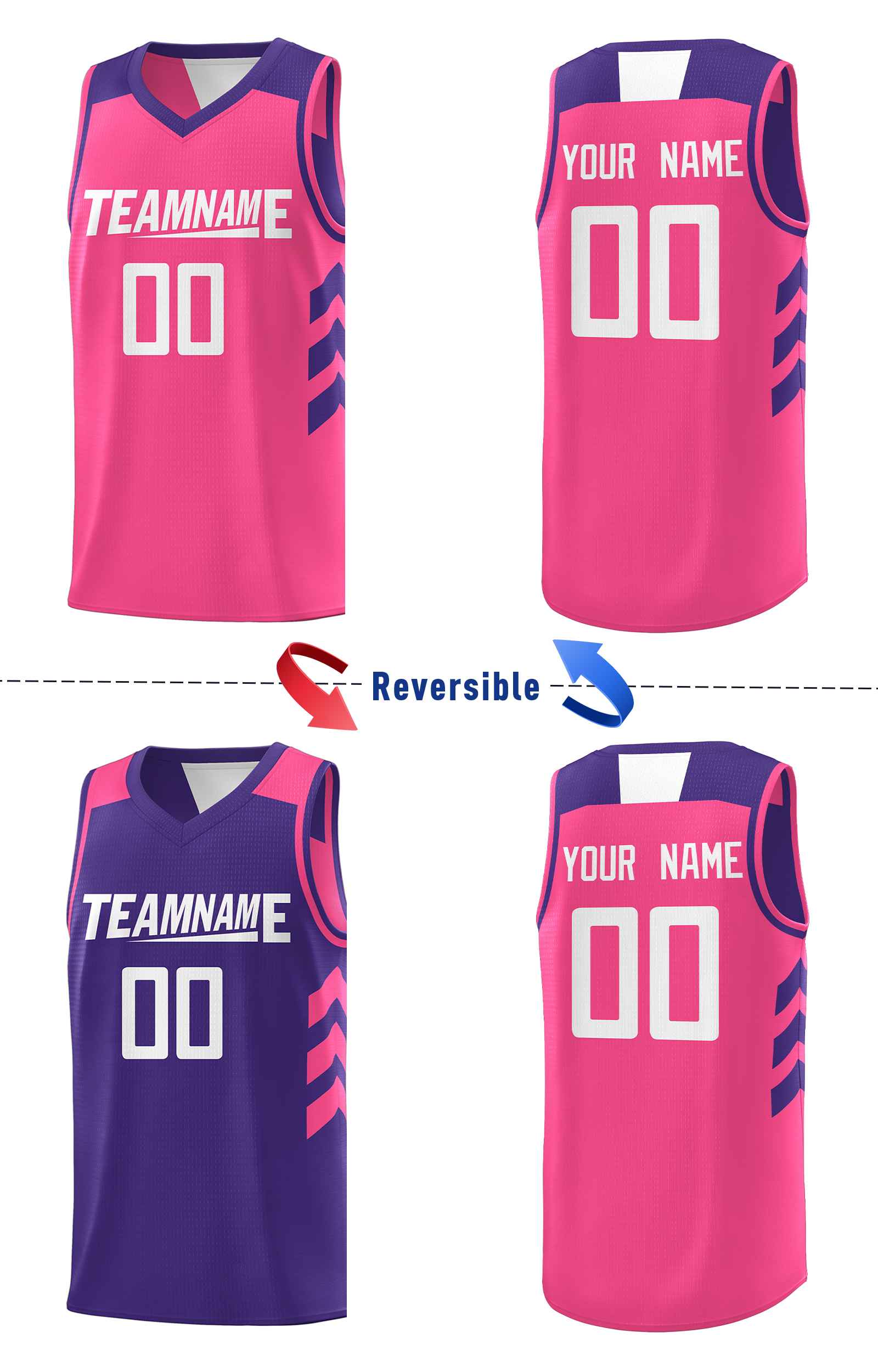 Le double côté rose pourpre fait sur commande place le maillot de basket-ball d'hommes