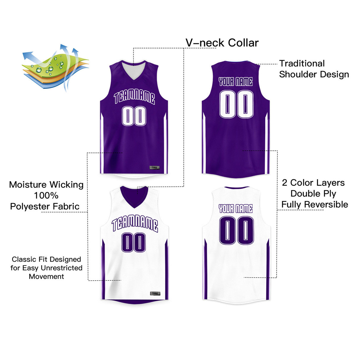 Maillot de basket-ball Double face personnalisé violet blanc