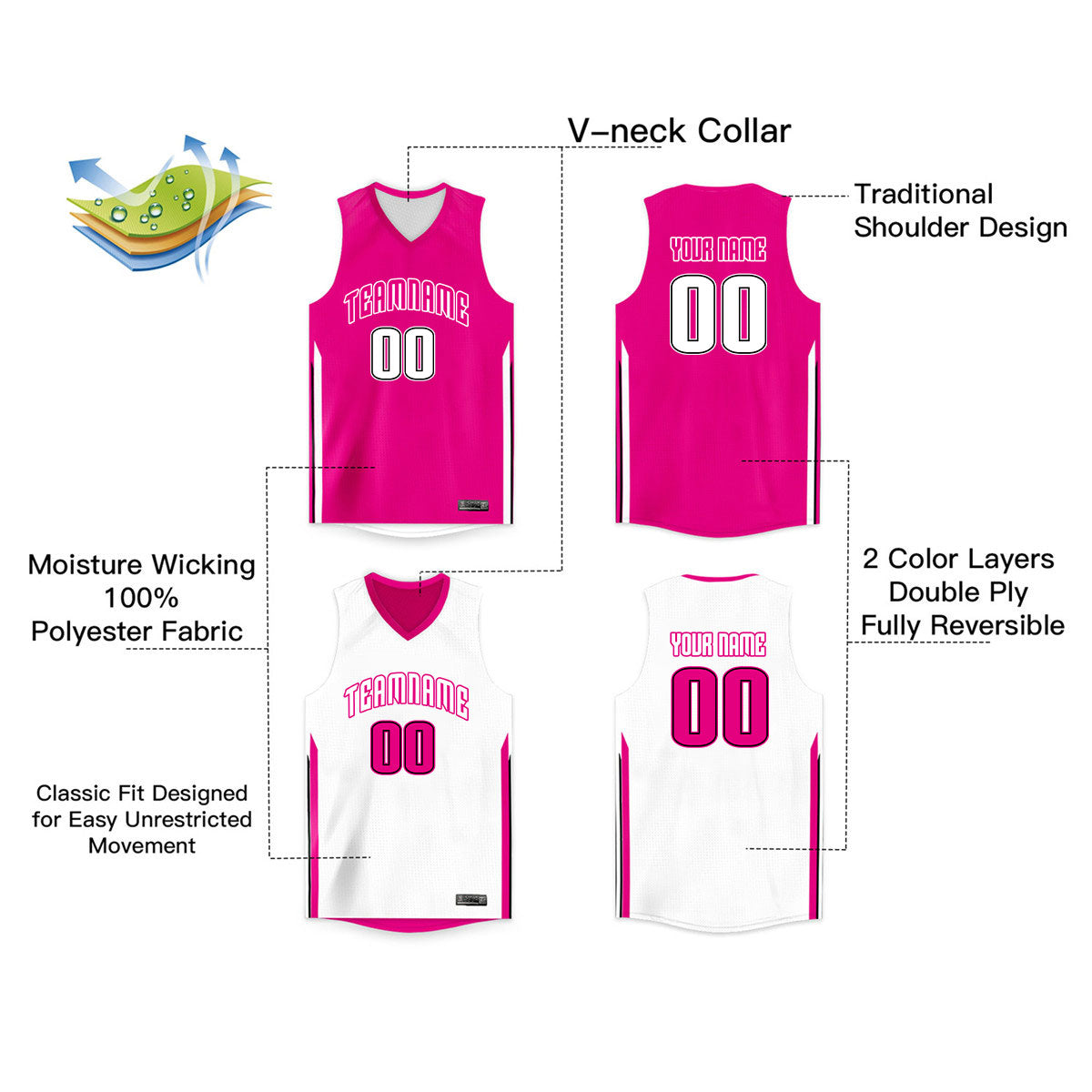 Maillot de basket-ball personnalisé rose blanc double face