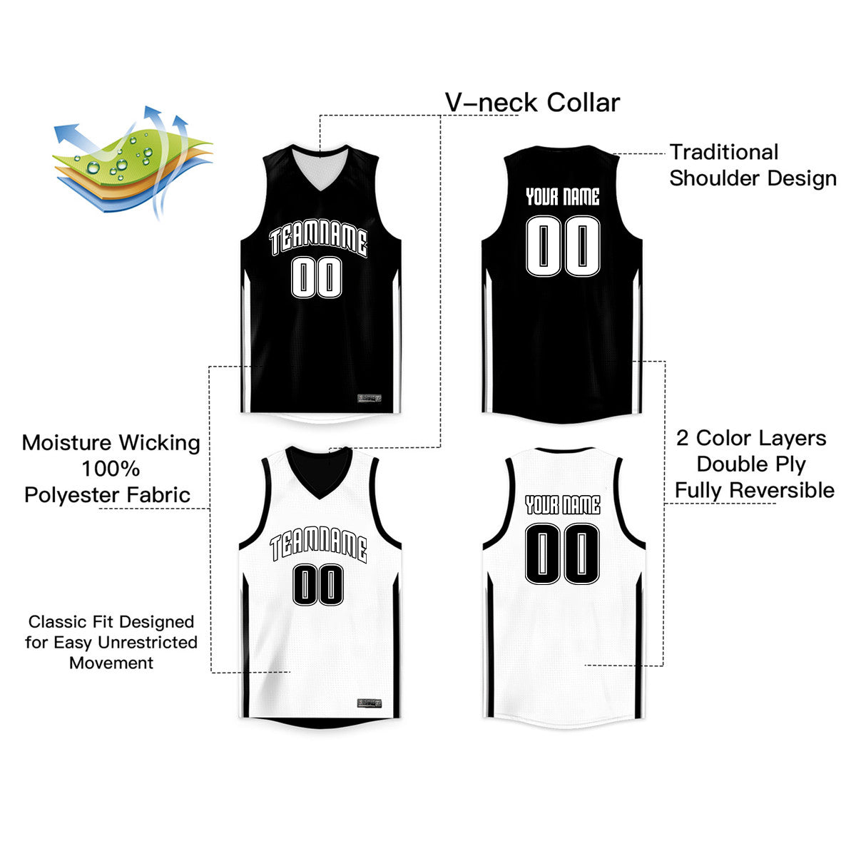 Custom Team Sports Shirts Reversible Personalized Basketball Jersey for Men/Youth