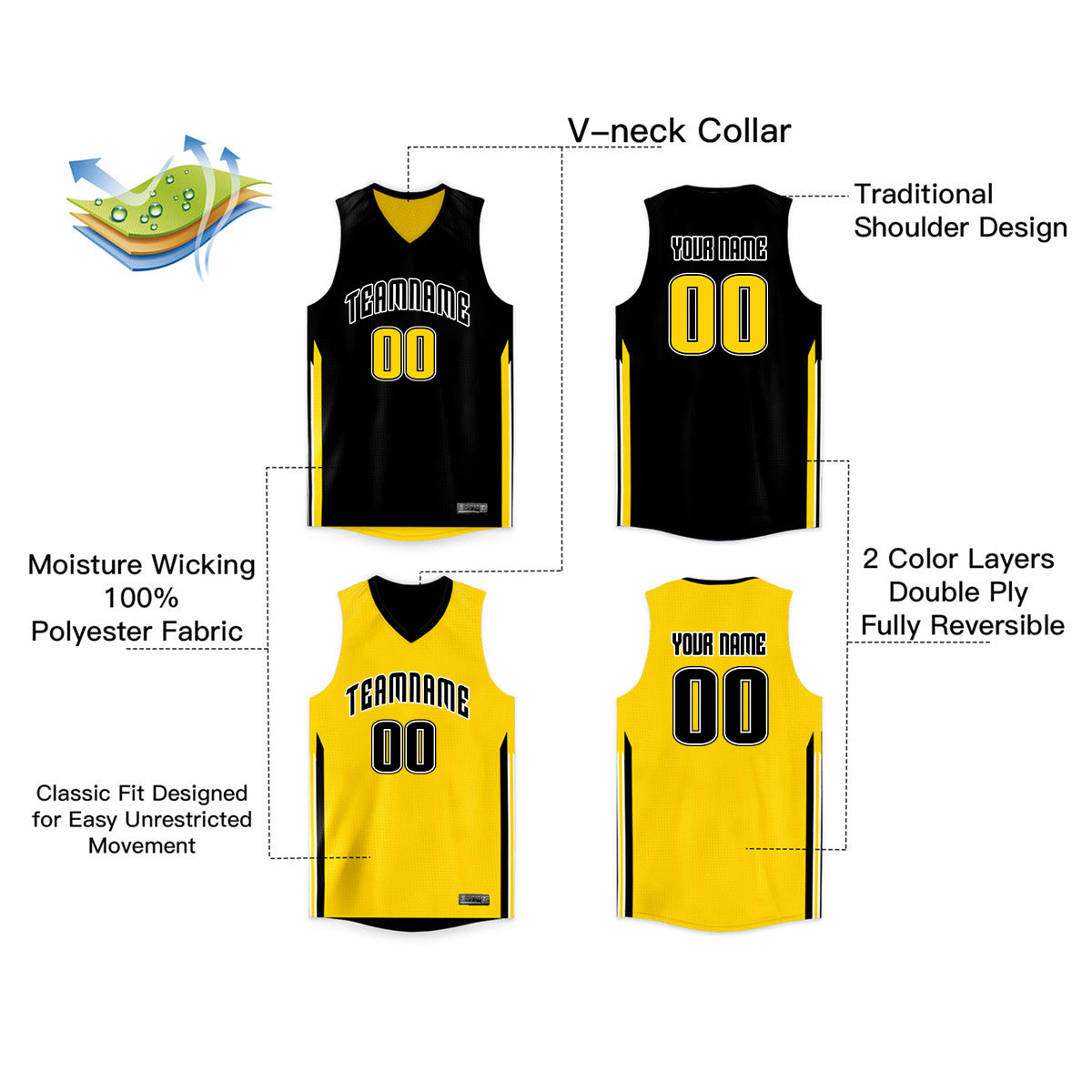 Custom Black Yellow Double Side Tops Men/Boy Basketball Jersey