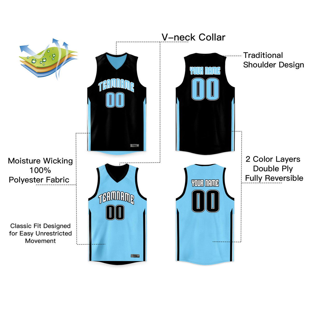 Custom Black Blue Double Side Tops Basketball Jersey